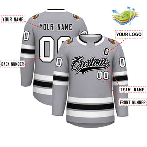 Custom Gray Black White-Black Classic Style Hockey Jersey