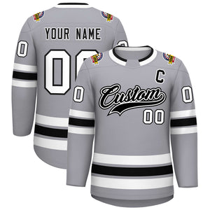 Custom Gray Black White-Black Classic Style Hockey Jersey