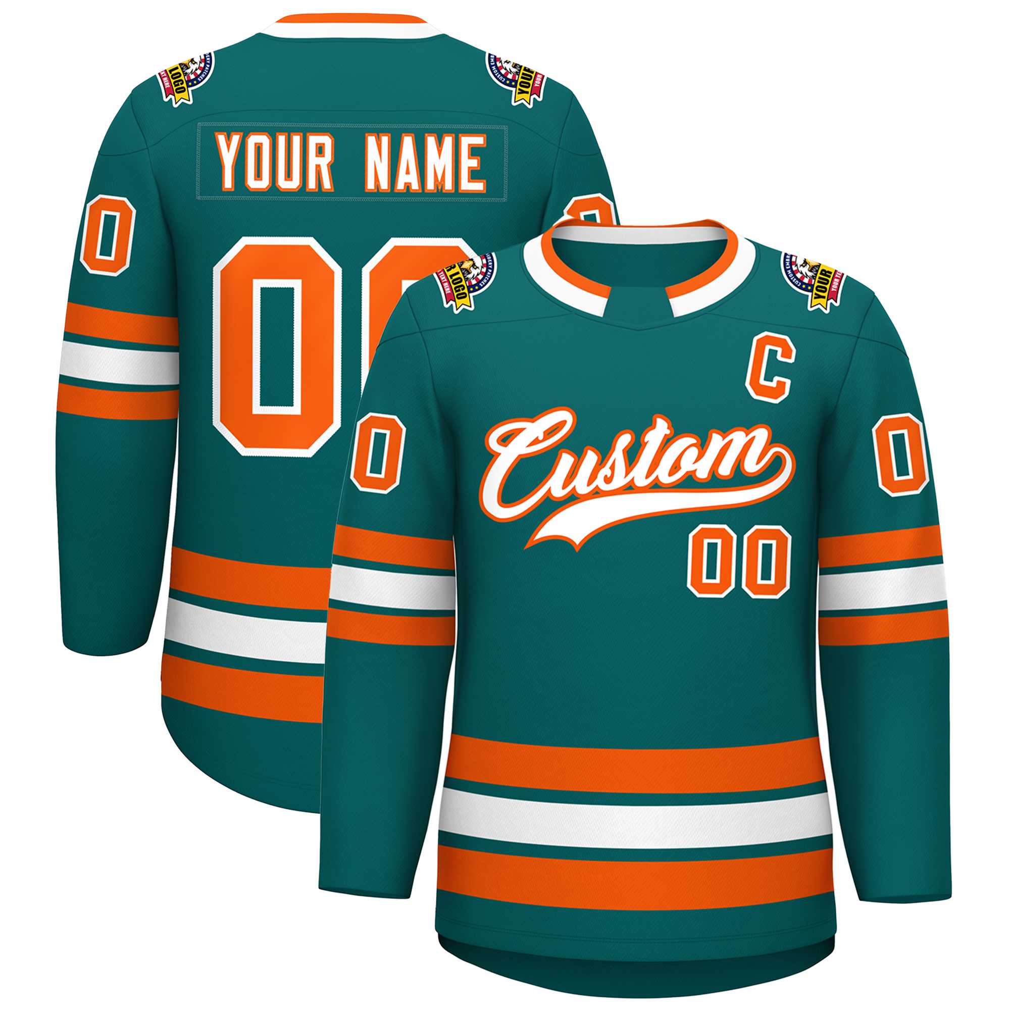 Custom Teal White-Orange Classic Style Hockey Jersey