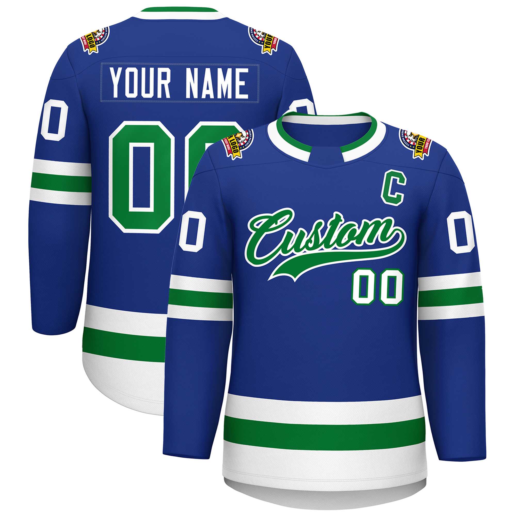 Custom Royal Kelly Green-White Classic Style Hockey Jersey