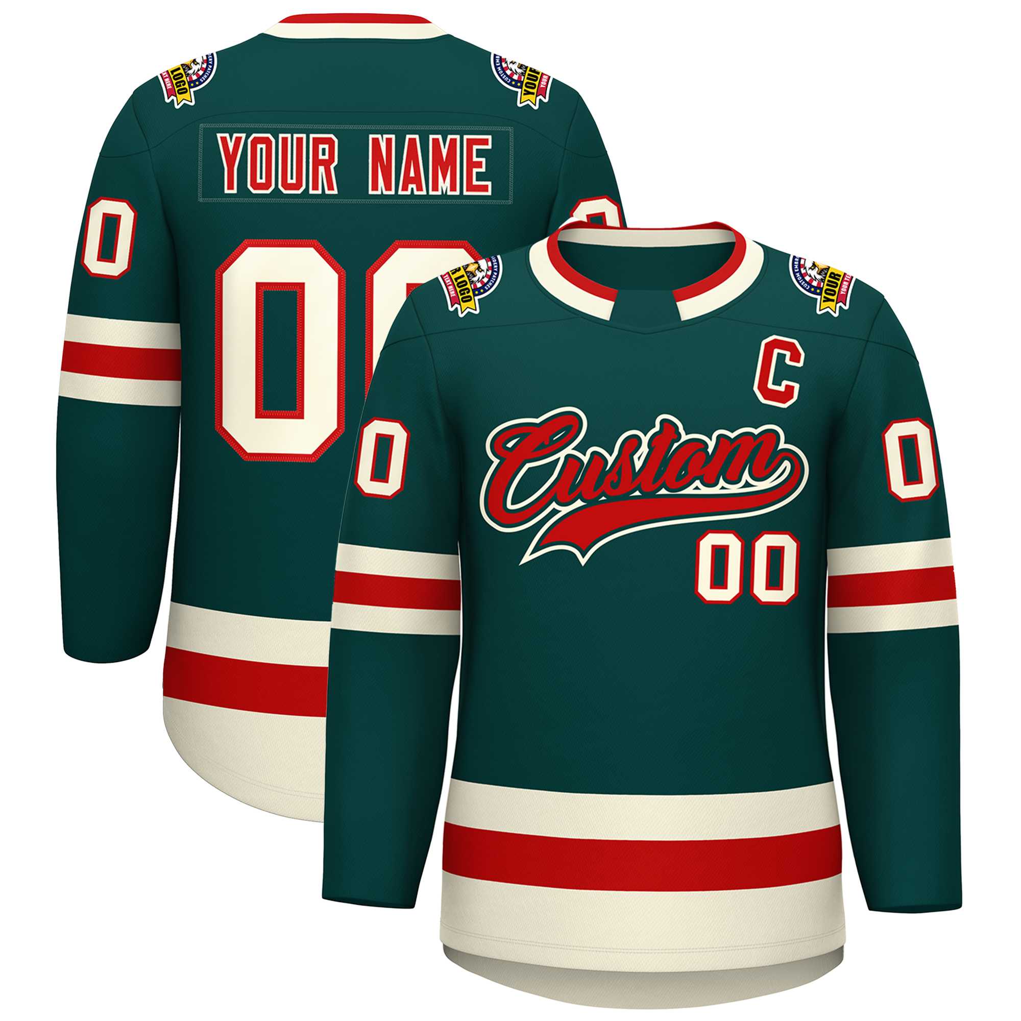 Custom Midnight Green Red Midnight Green-Khaki Classic Style Hockey Jersey