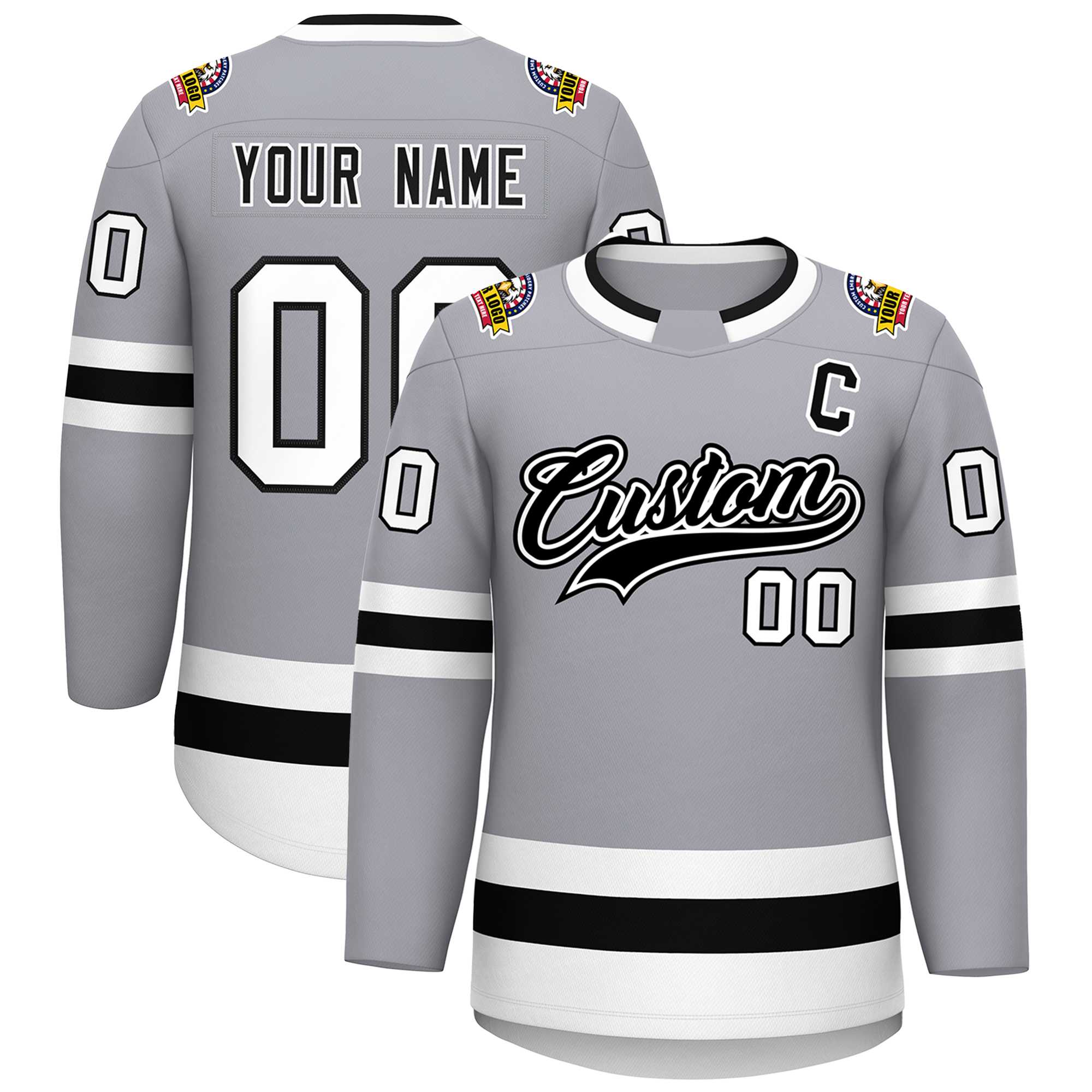 Custom Gray Black White-Black Classic Style Hockey Jersey