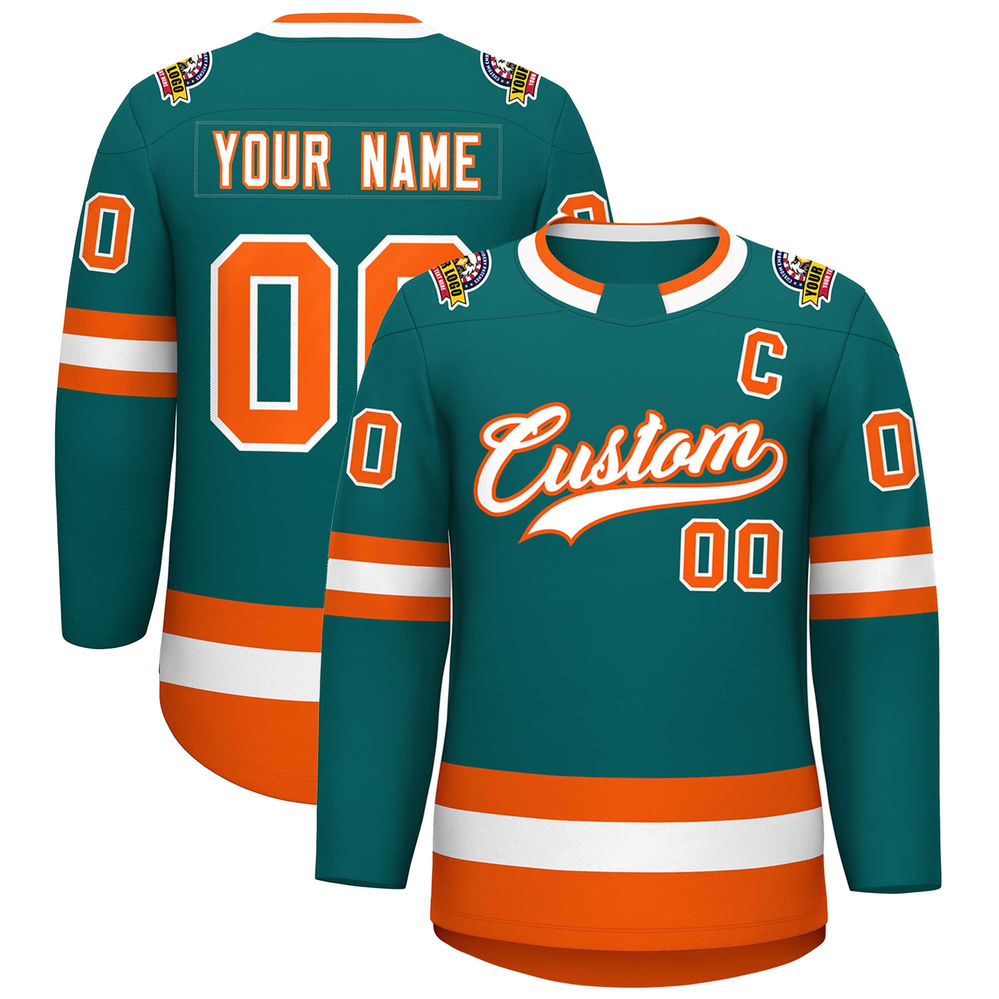 Custom Teal White-Orange Classic Style Hockey Jersey