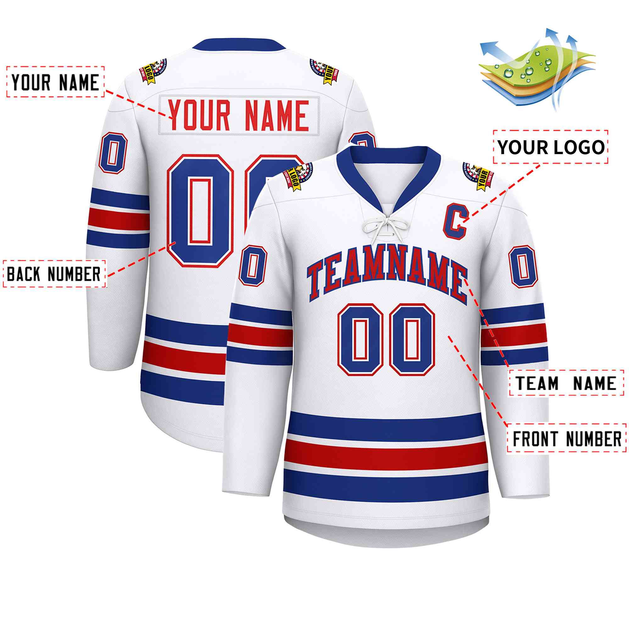 Custom White Royal-Red Lace-Up Neck Hockey Jersey