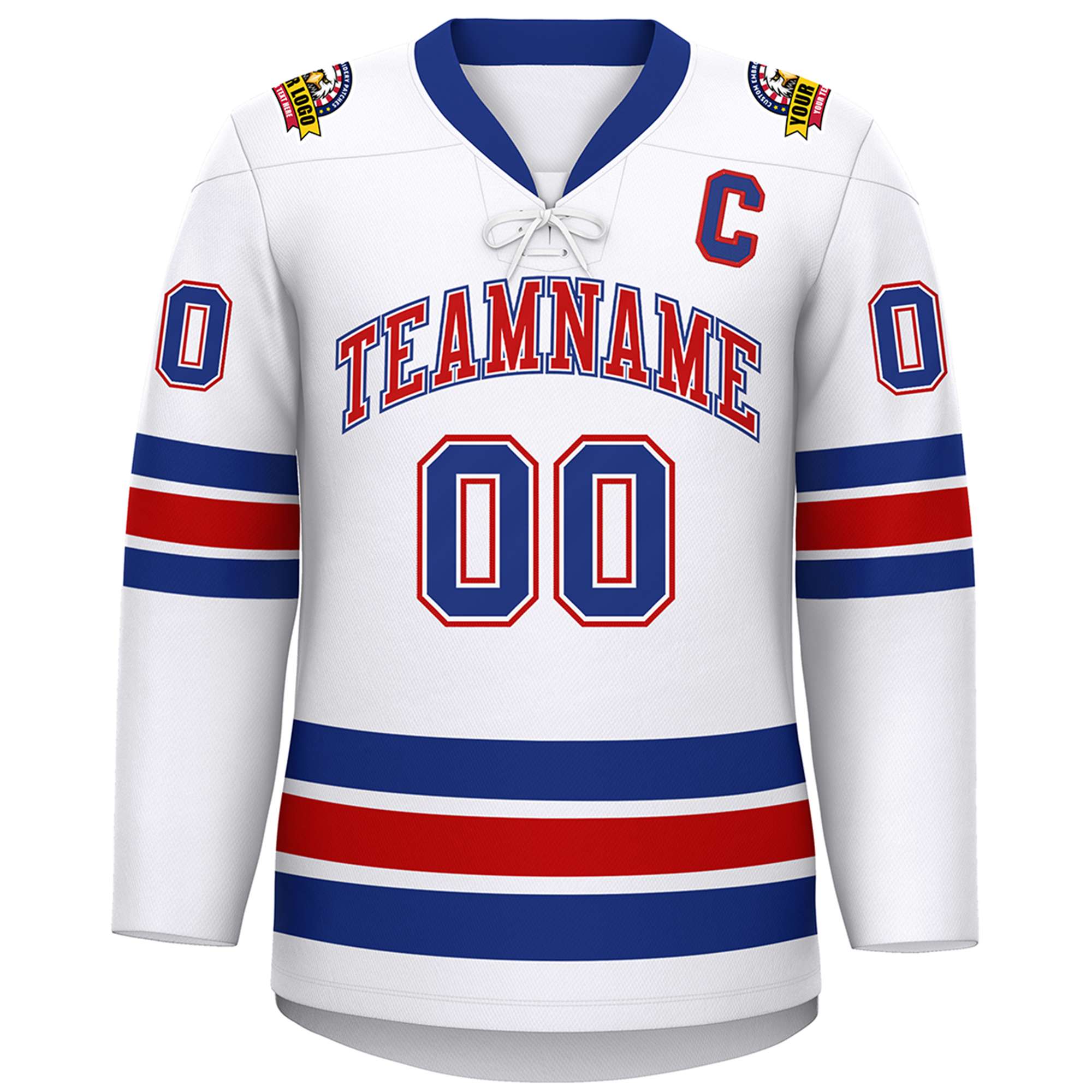 Custom White Royal-Red Lace-Up Neck Hockey Jersey