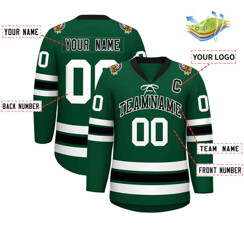 Custom Green Black-White Lace-Up Neck Hockey Jersey