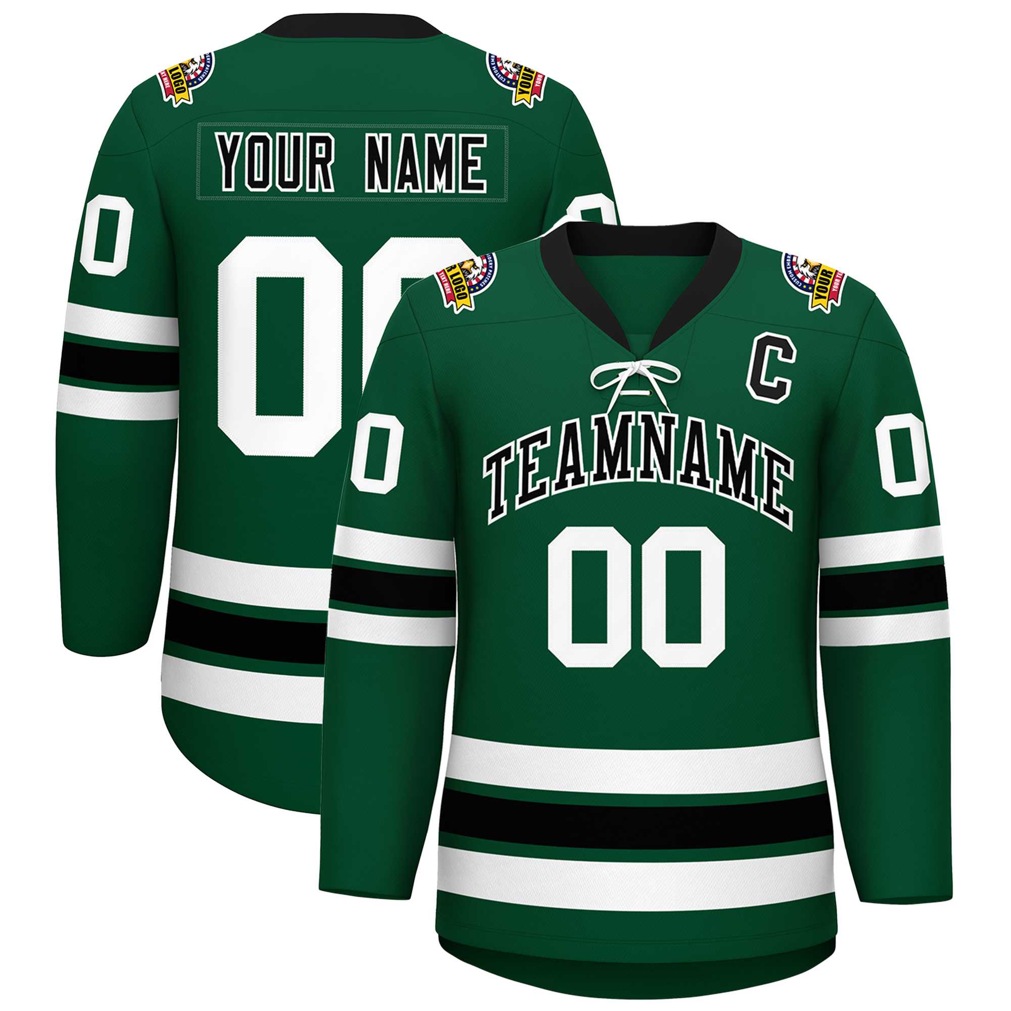 Custom Green Black-White Lace-Up Neck Hockey Jersey