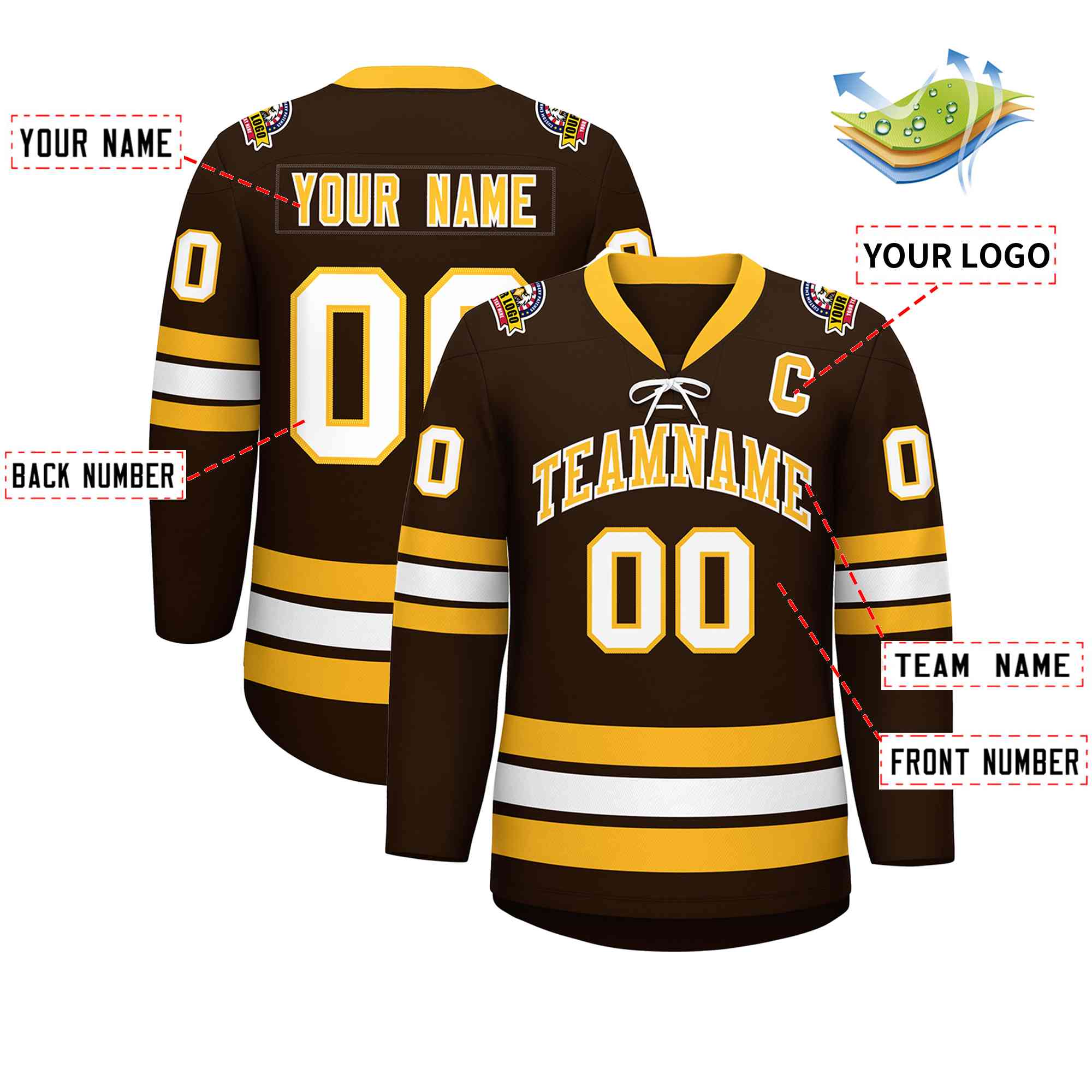 Custom Brown Yellow-White Lace-Up Neck Hockey Jersey