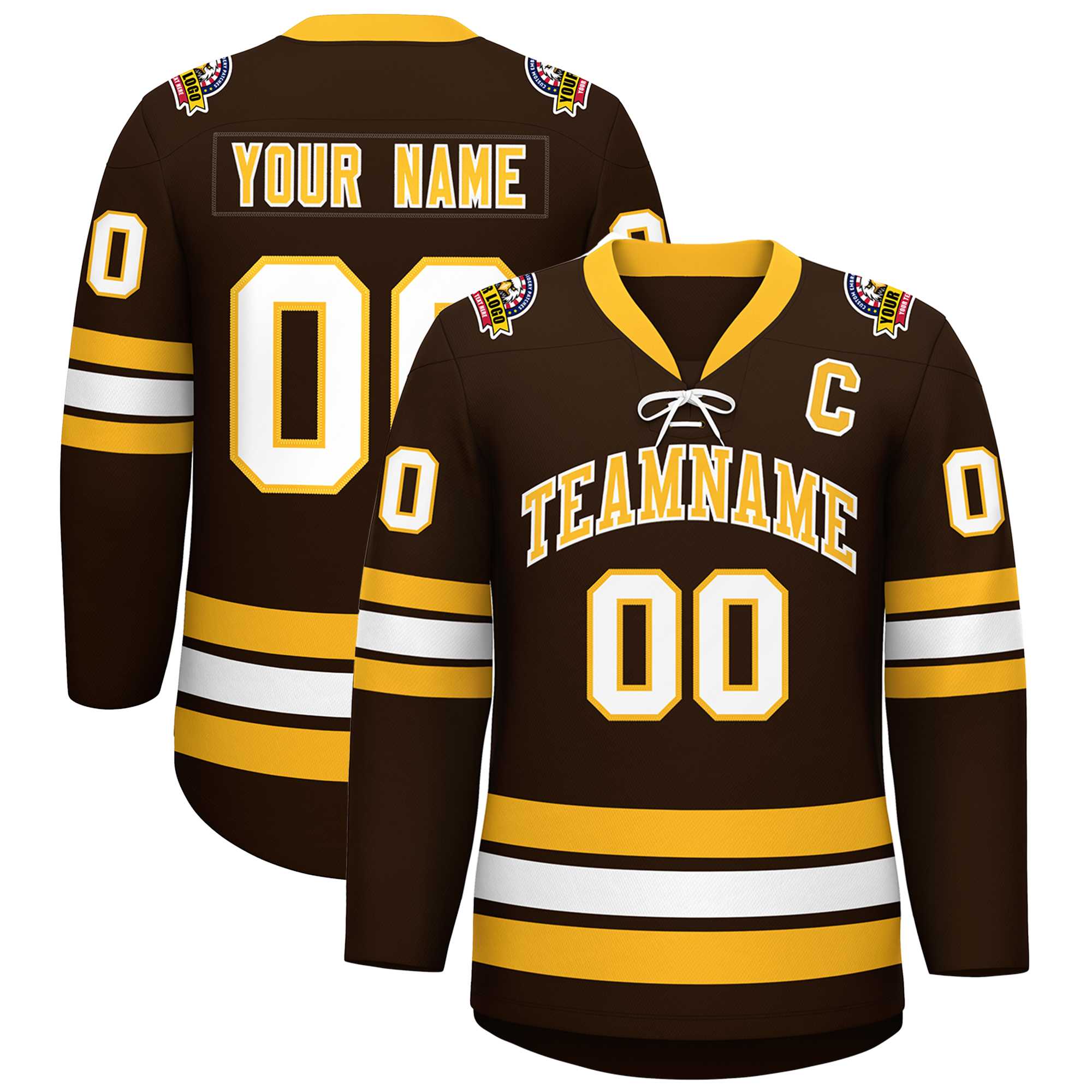 Custom Brown Yellow-White Lace-Up Neck Hockey Jersey