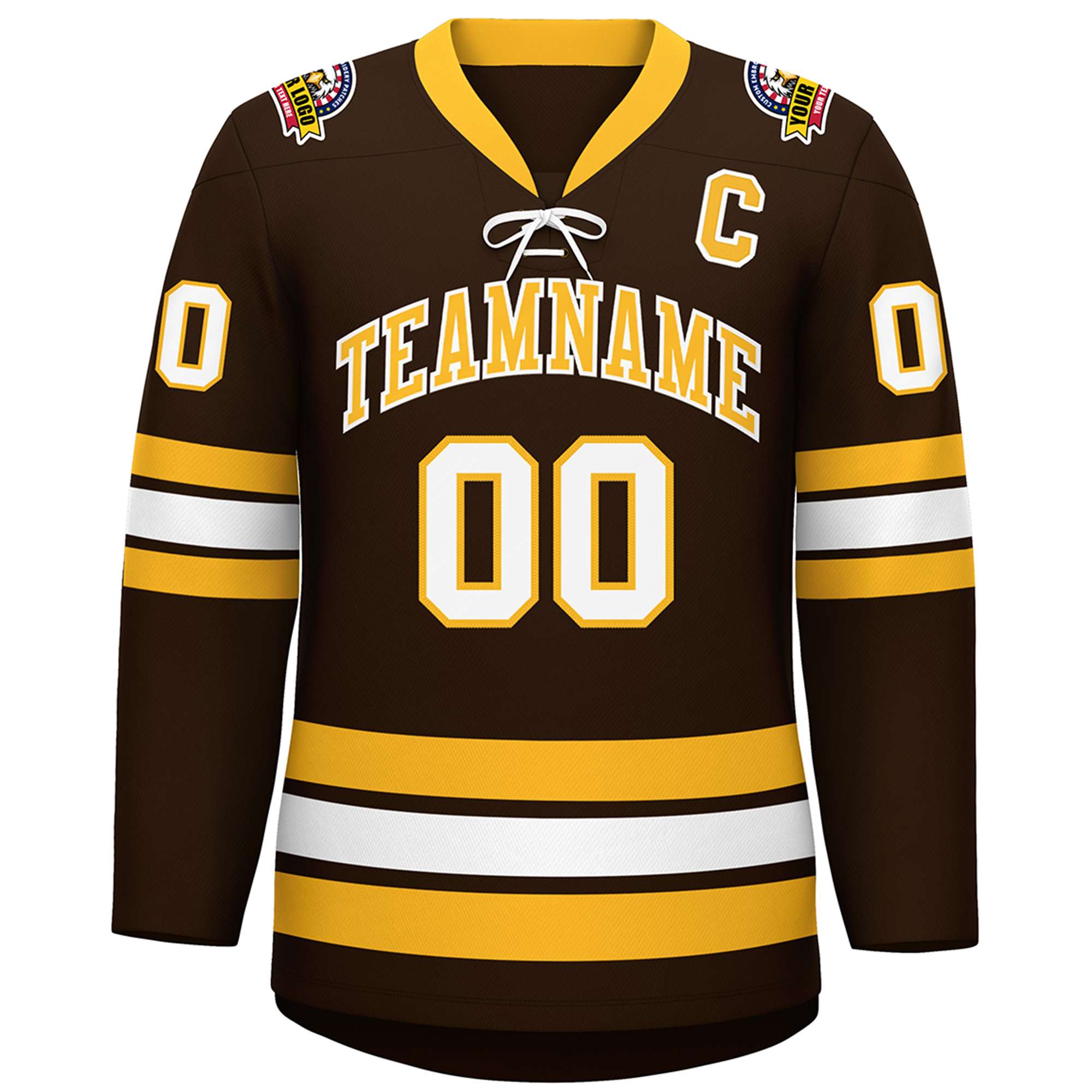 Custom Brown Yellow-White Lace-Up Neck Hockey Jersey