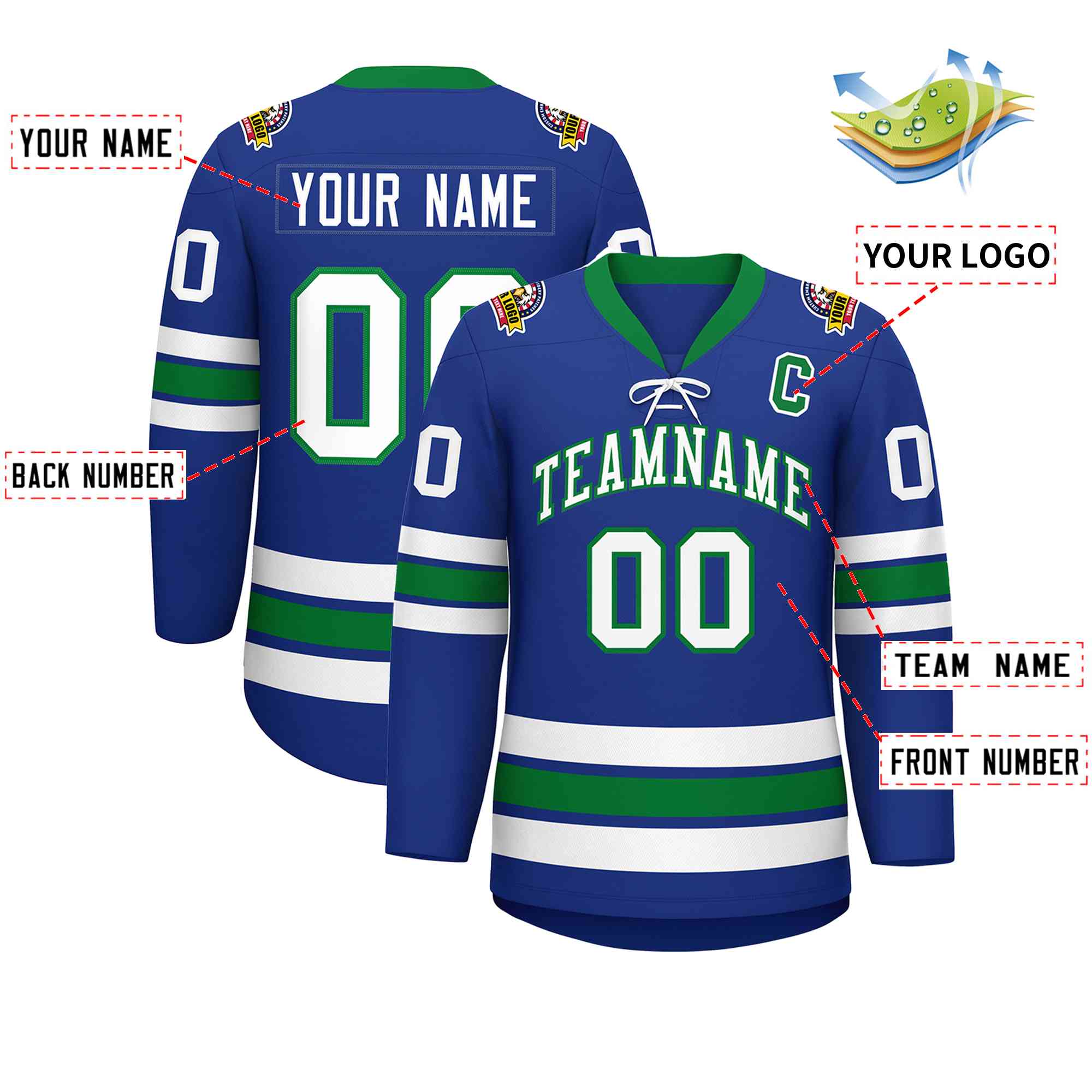 Custom Royal White-Kelly Green Lace-Up Neck Hockey Jersey