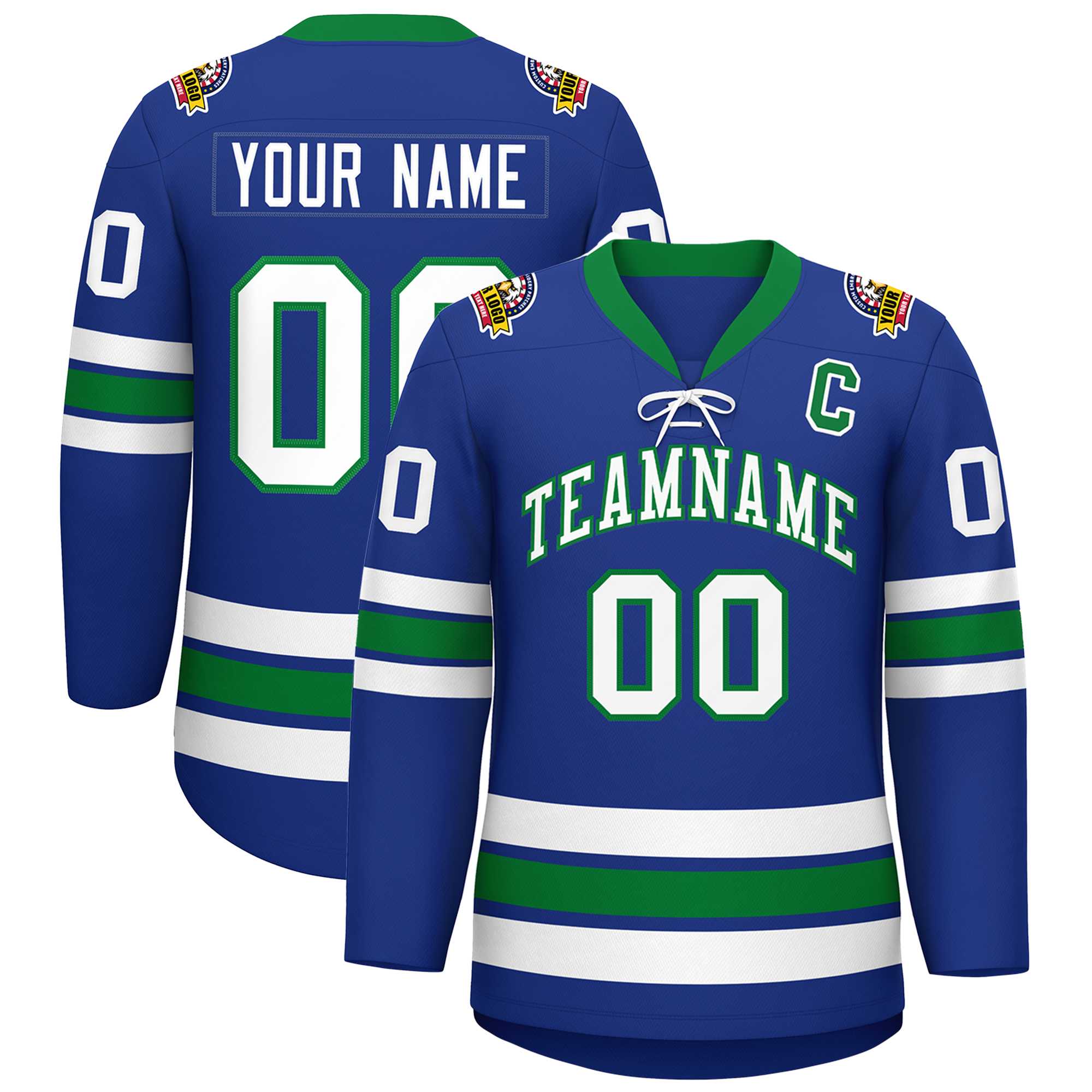 Custom Royal White-Kelly Green Lace-Up Neck Hockey Jersey