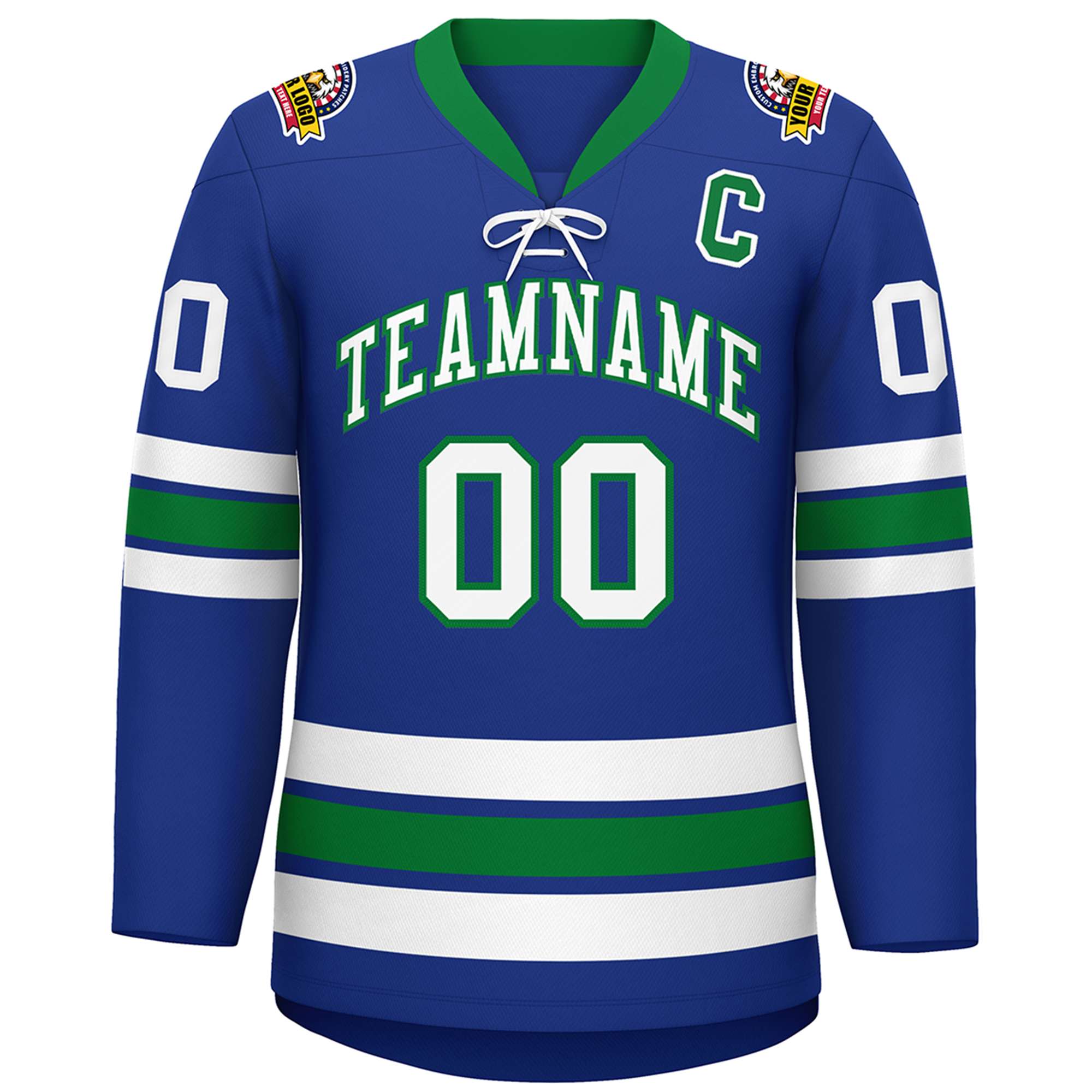 Custom Royal White-Kelly Green Lace-Up Neck Hockey Jersey