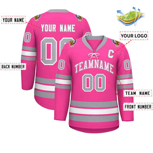 Custom Pink White-Gray Lace-Up Neck Hockey Jersey