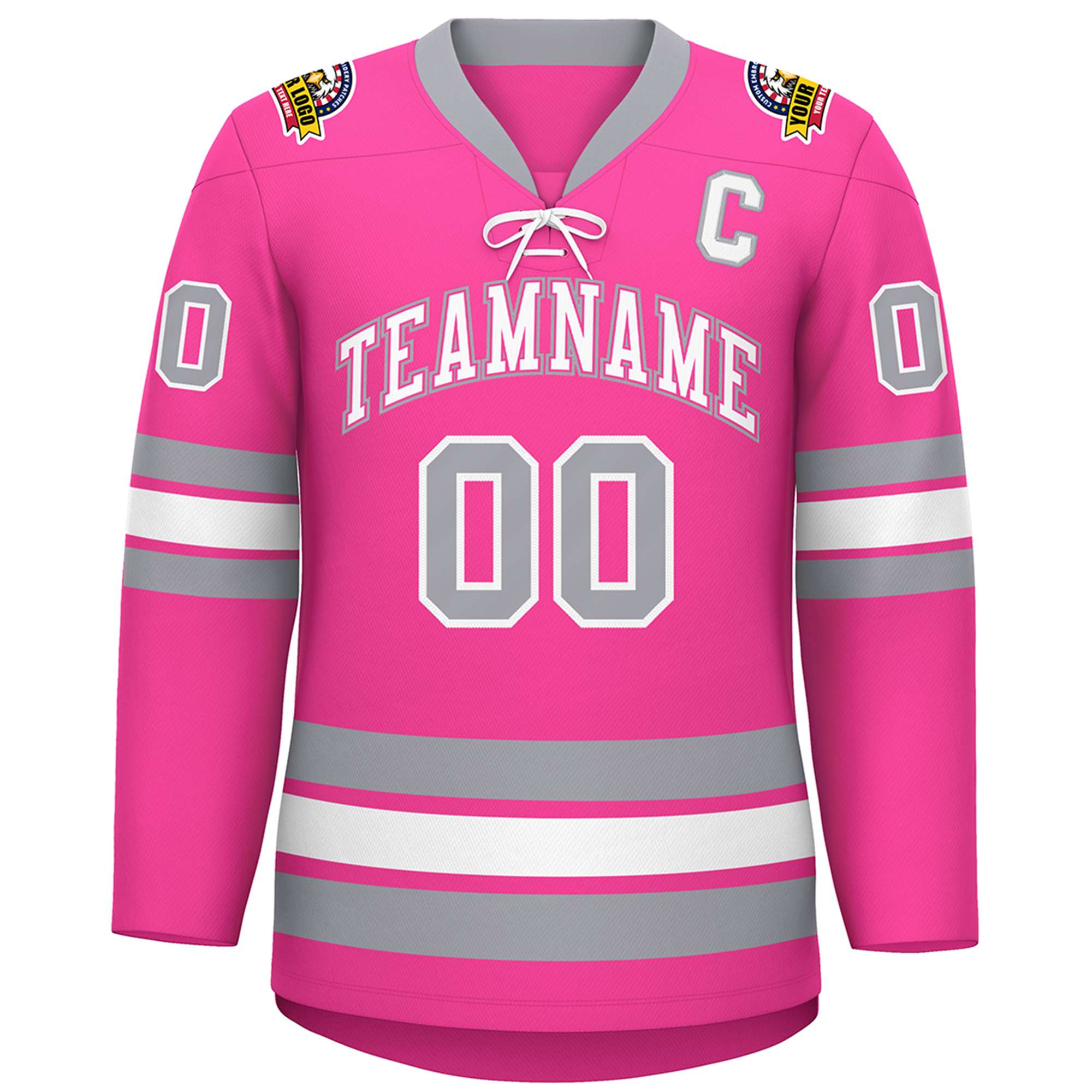 Custom Pink White-Gray Lace-Up Neck Hockey Jersey