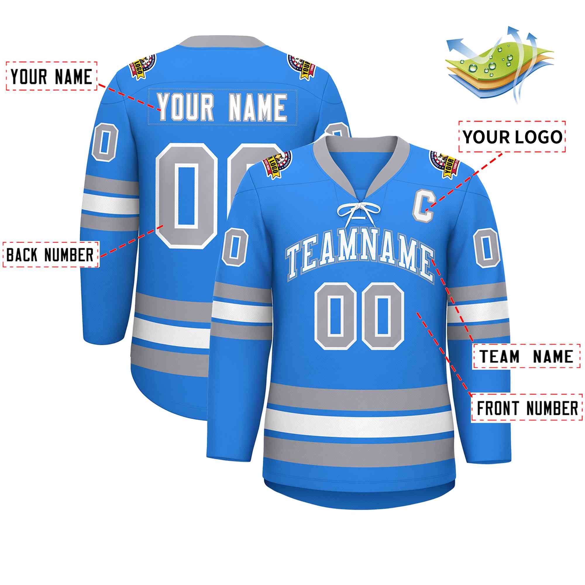 Custom Powder Blue White-Gray Lace-Up Neck Hockey Jersey