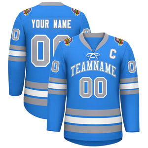 Custom Powder Blue White-Gray Lace-Up Neck Hockey Jersey