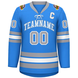 Custom Powder Blue White-Gray Lace-Up Neck Hockey Jersey