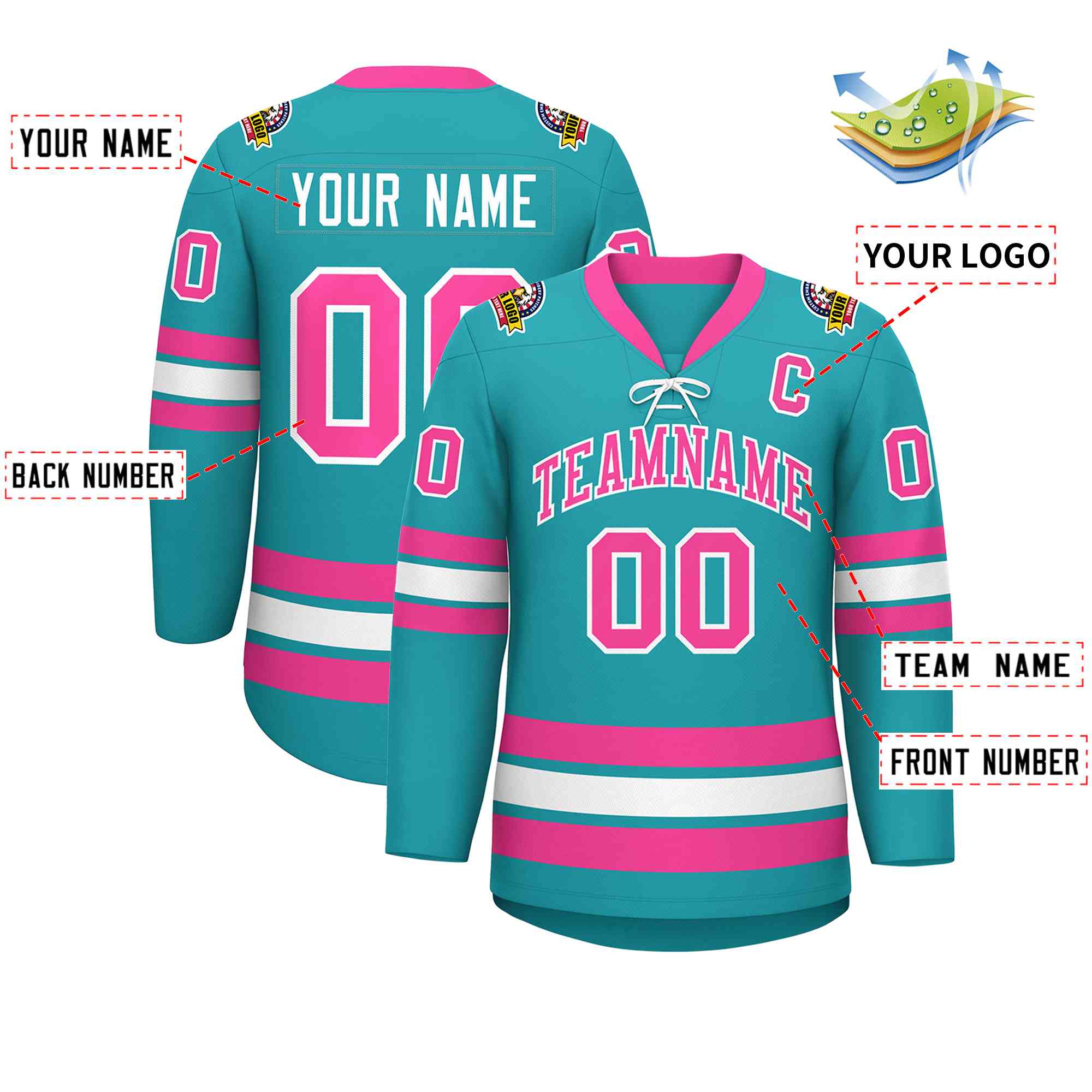 Custom Aqua Pink-White Lace-Up Neck Hockey Jersey