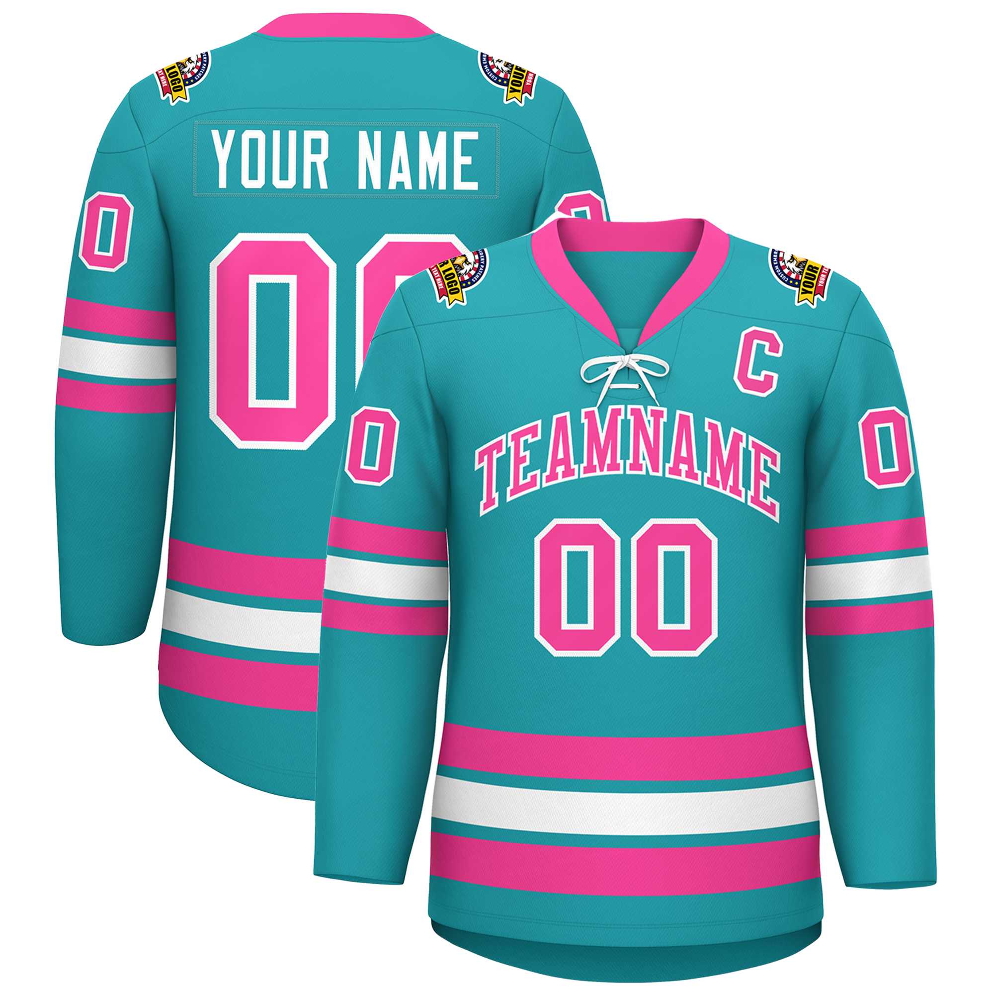 Custom Aqua Pink-White Lace-Up Neck Hockey Jersey