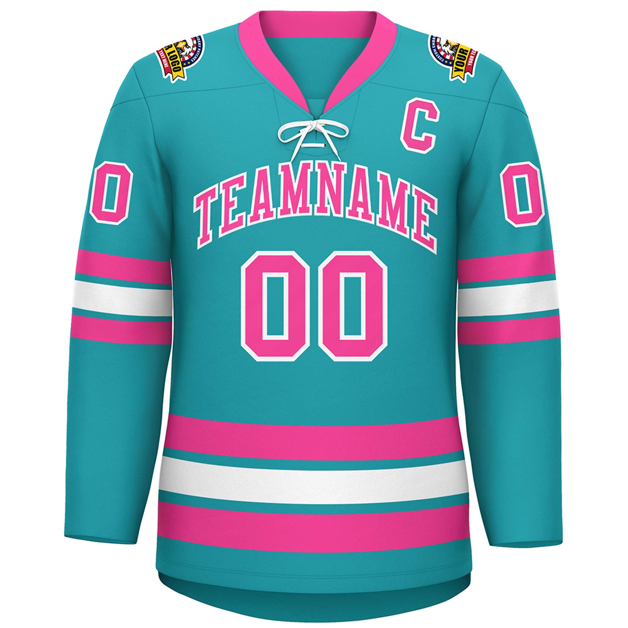 Custom Aqua Pink-White Lace-Up Neck Hockey Jersey