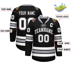 Custom Black White-Gray Lace-Up Neck Hockey Jersey