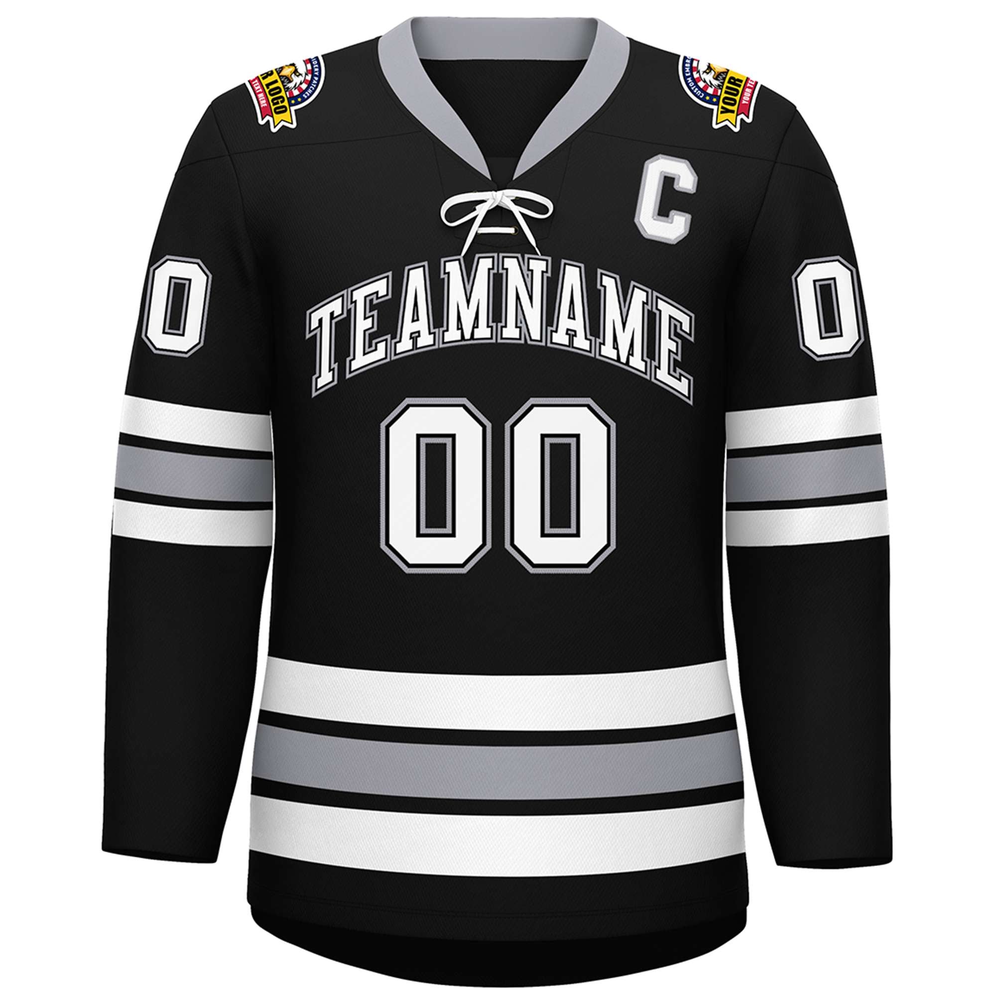 Custom Black White-Gray Lace-Up Neck Hockey Jersey