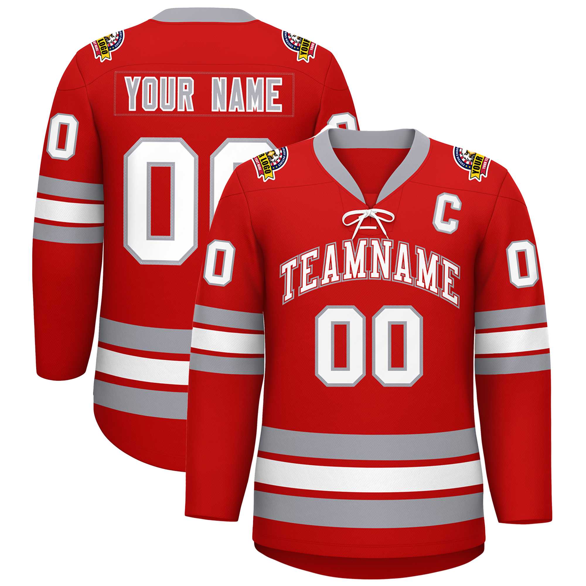 Custom Red White-Gray Lace-Up Neck Hockey Jersey