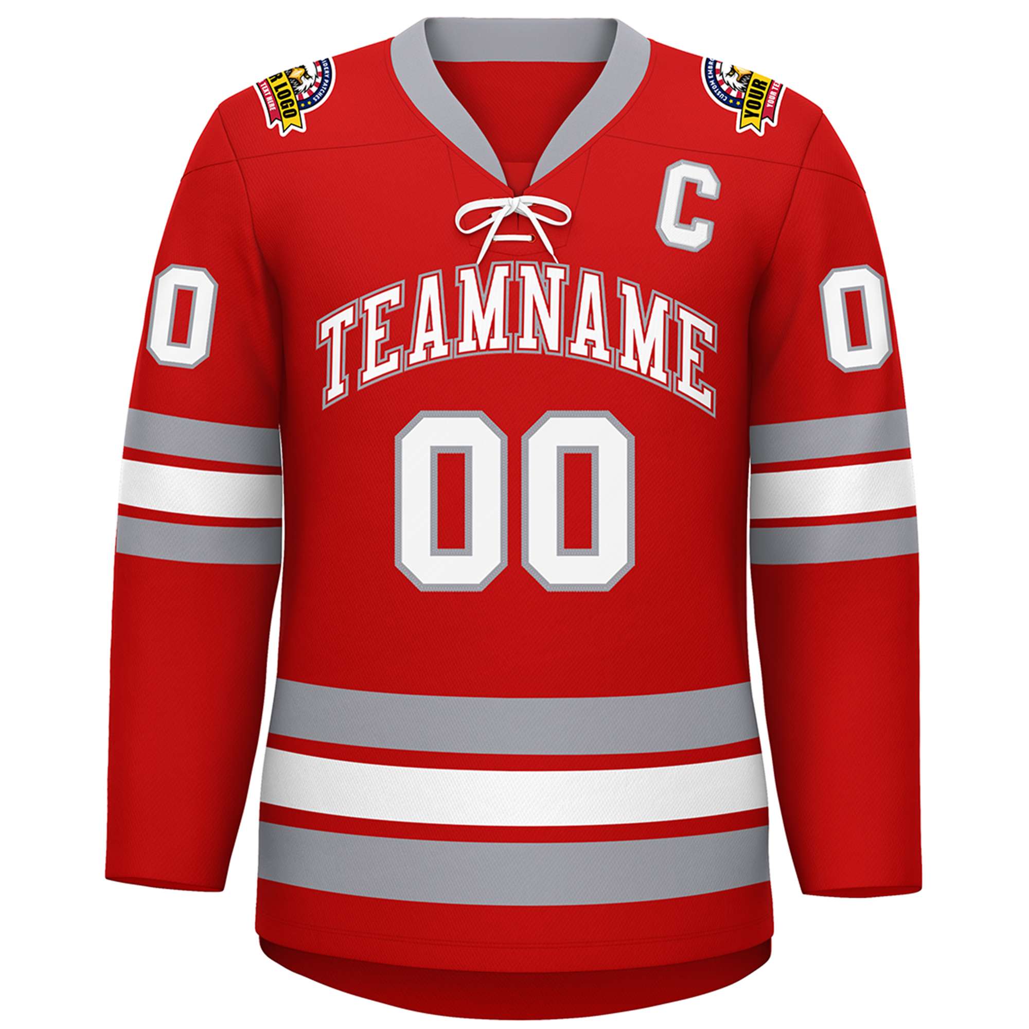 Custom Red White-Gray Lace-Up Neck Hockey Jersey