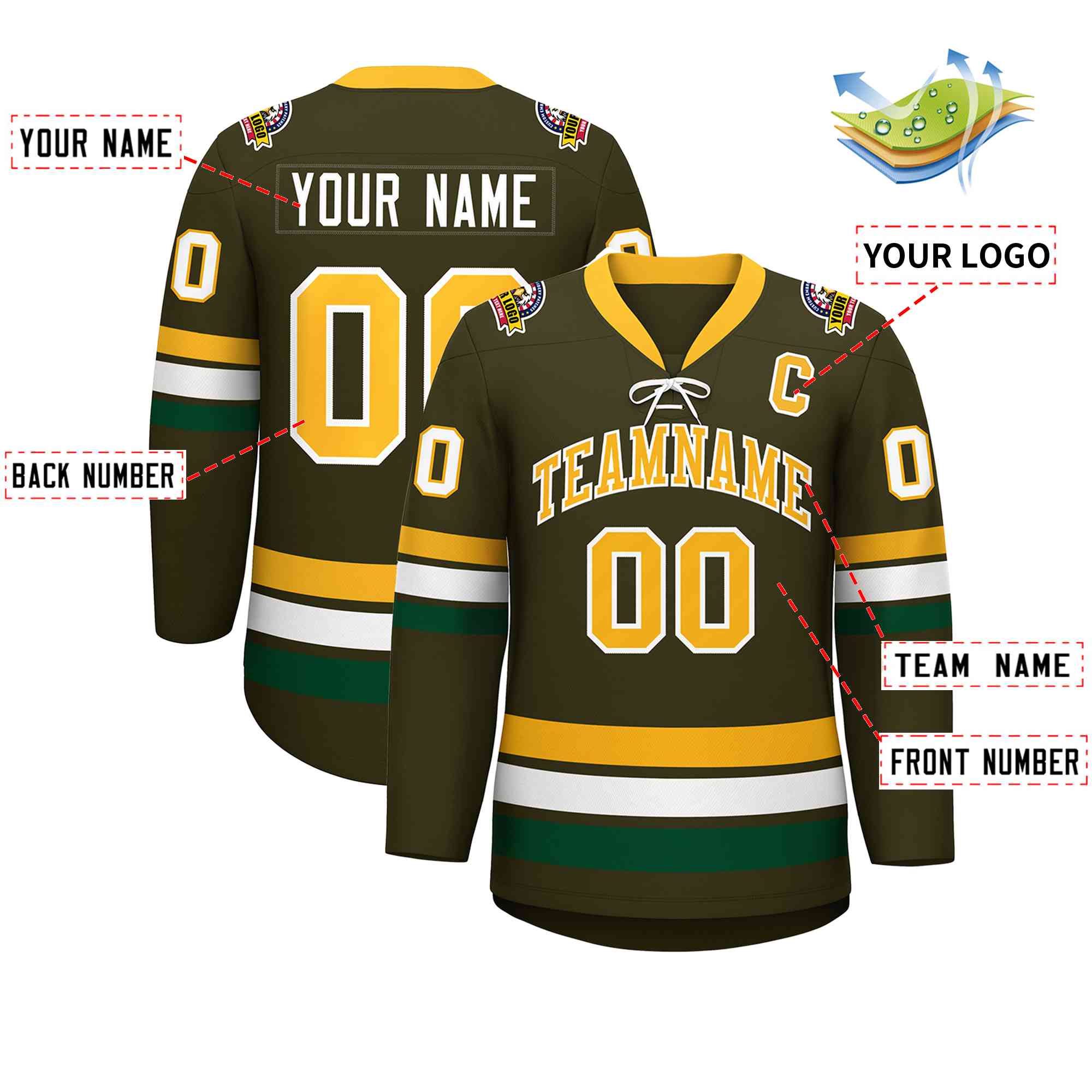 Custom Olive Yellow-White Lace-Up Neck Hockey Jersey