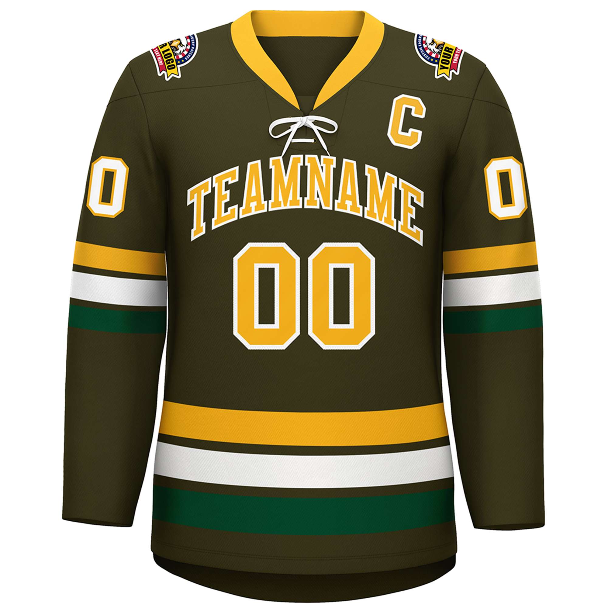 Custom Olive Yellow-White Lace-Up Neck Hockey Jersey