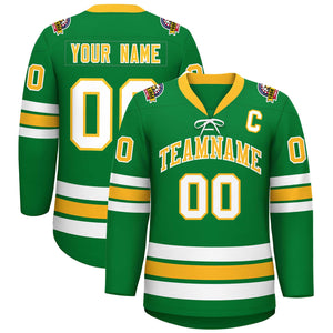 Custom Kelly Green Yellow-White Lace-Up Neck Hockey Jersey