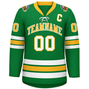 Custom Kelly Green Yellow-White Lace-Up Neck Hockey Jersey