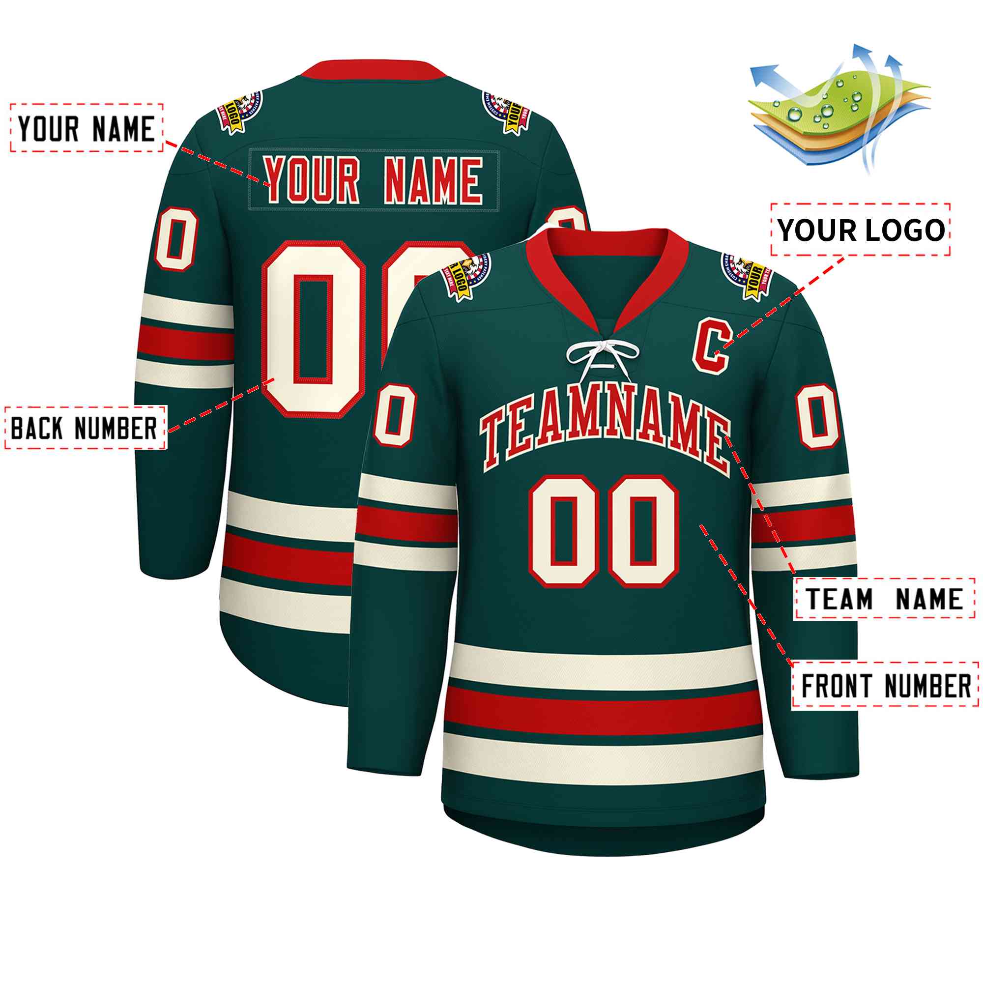 Custom Midnight Green Red-Cream Lace-Up Neck Hockey Jersey