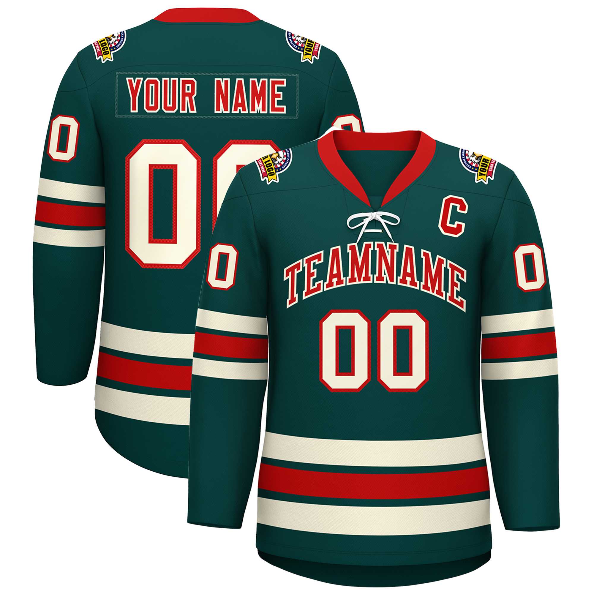 Custom Midnight Green Red-Cream Lace-Up Neck Hockey Jersey