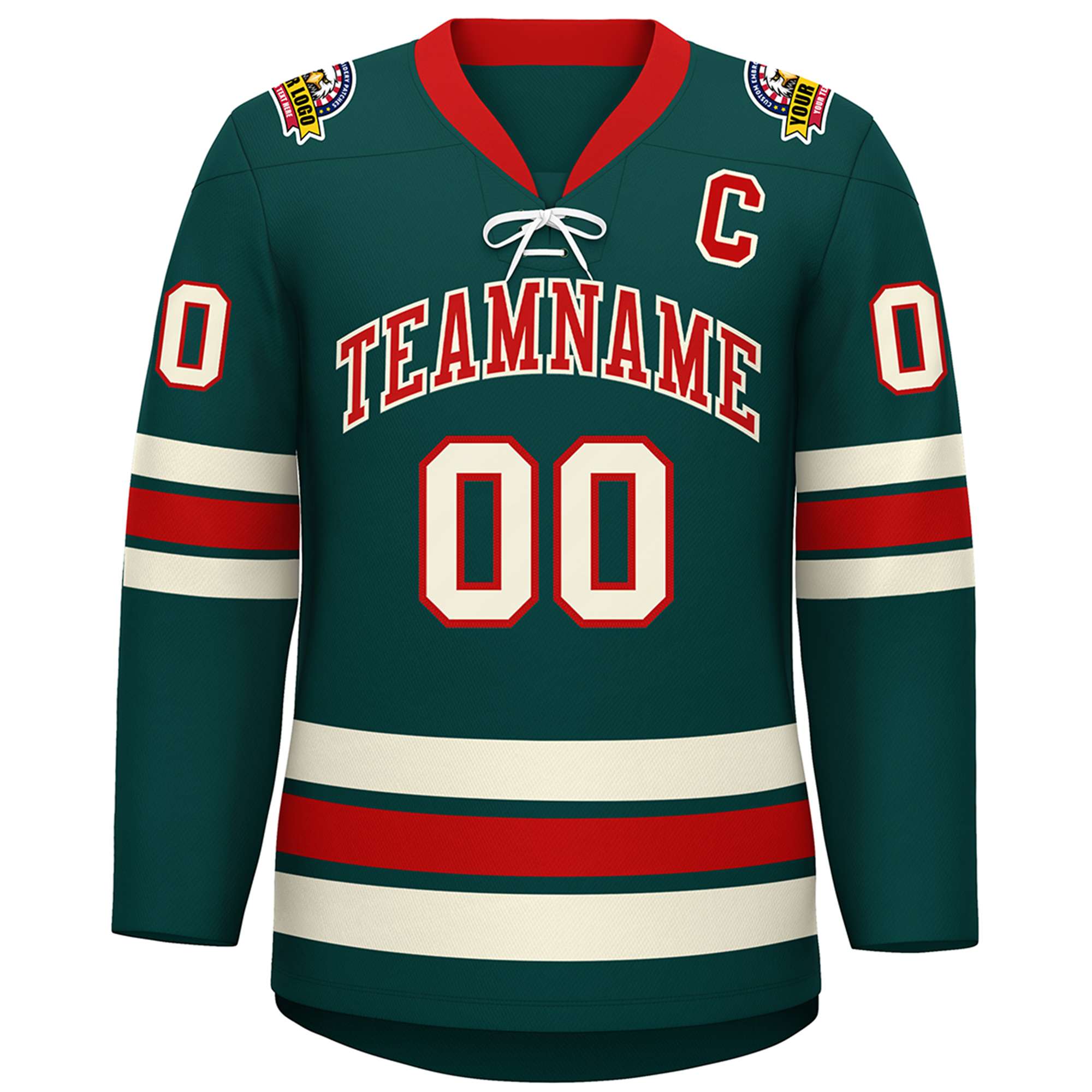 Custom Midnight Green Red-Cream Lace-Up Neck Hockey Jersey