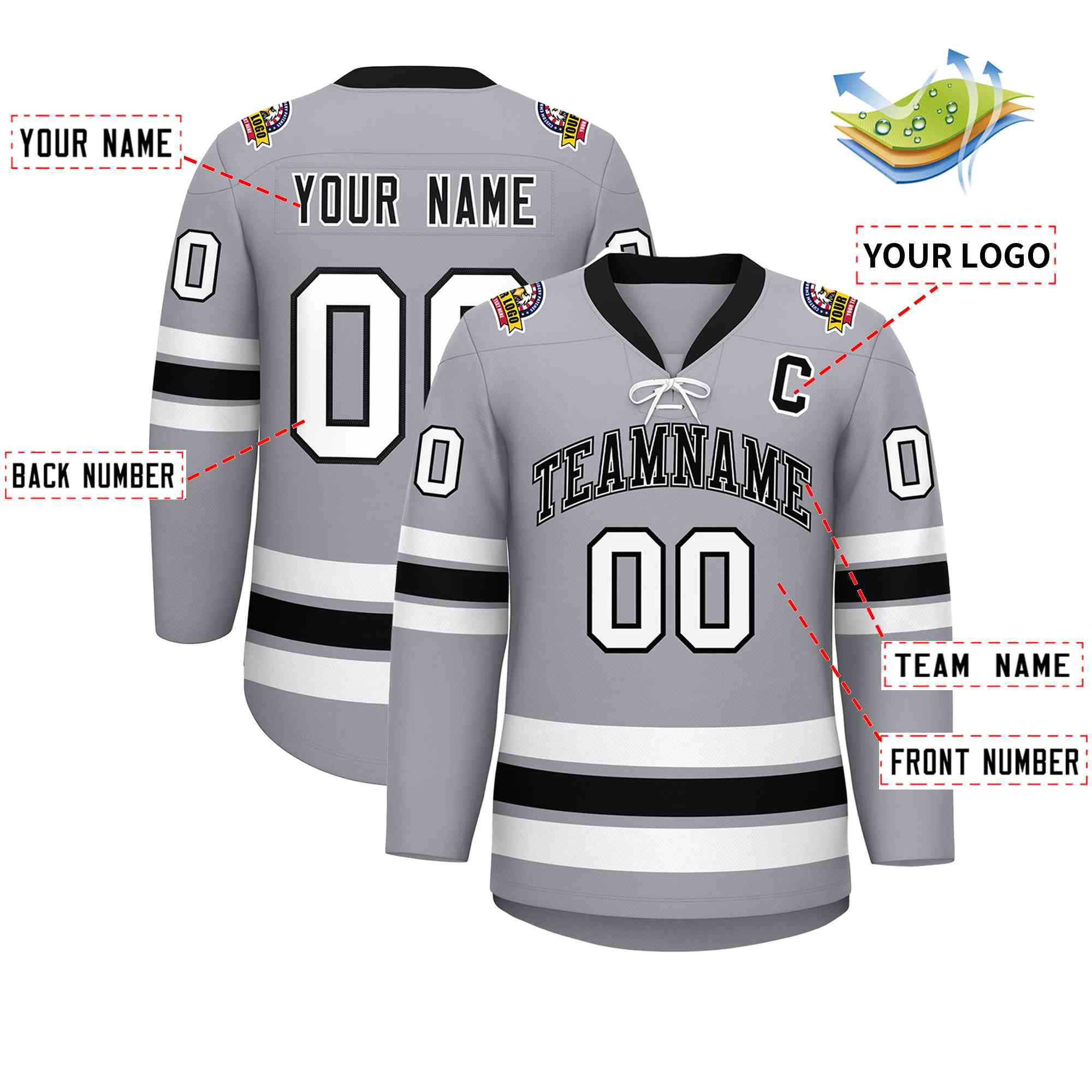 Custom Gray Black-White Lace-Up Neck Hockey Jersey