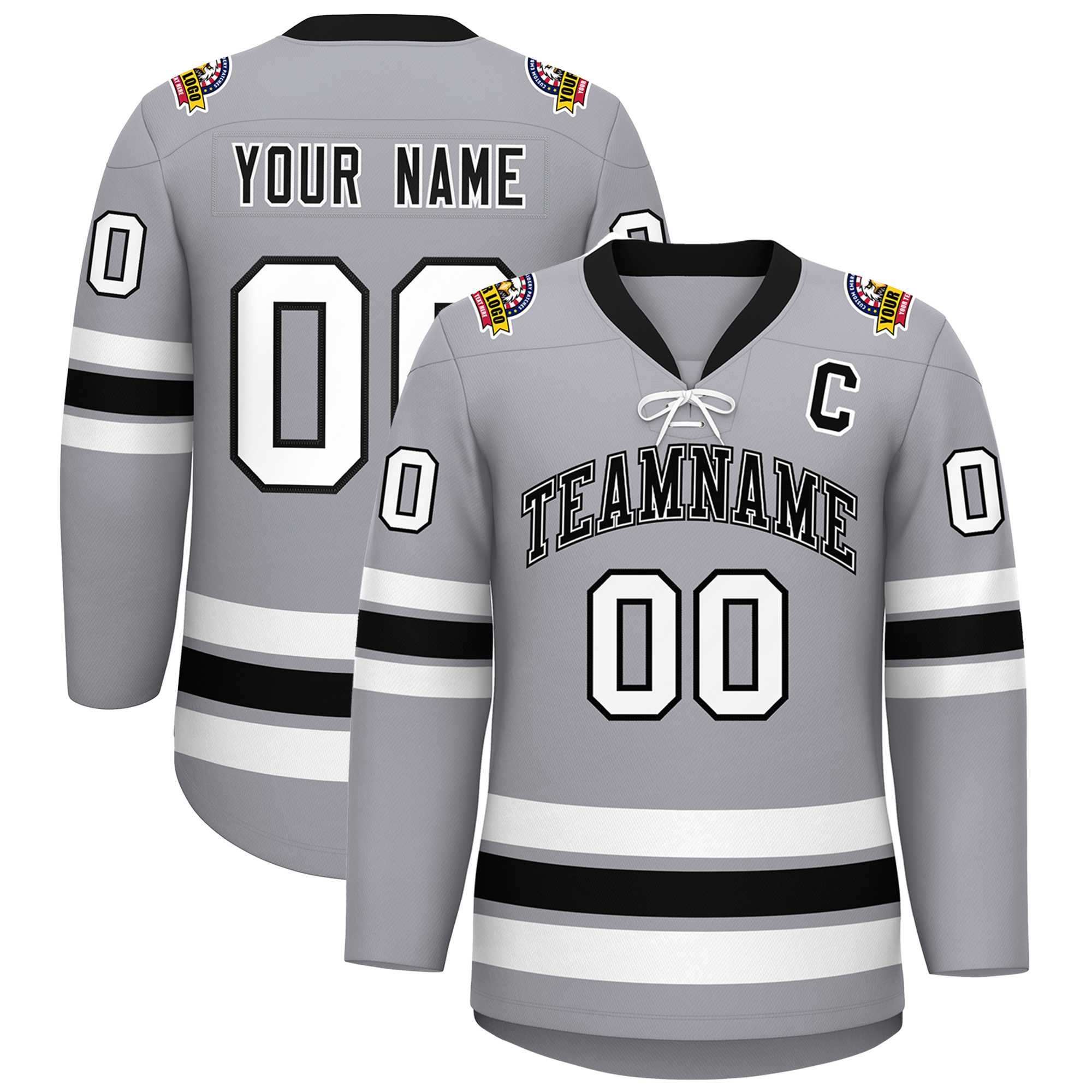 Custom Gray Black-White Lace-Up Neck Hockey Jersey