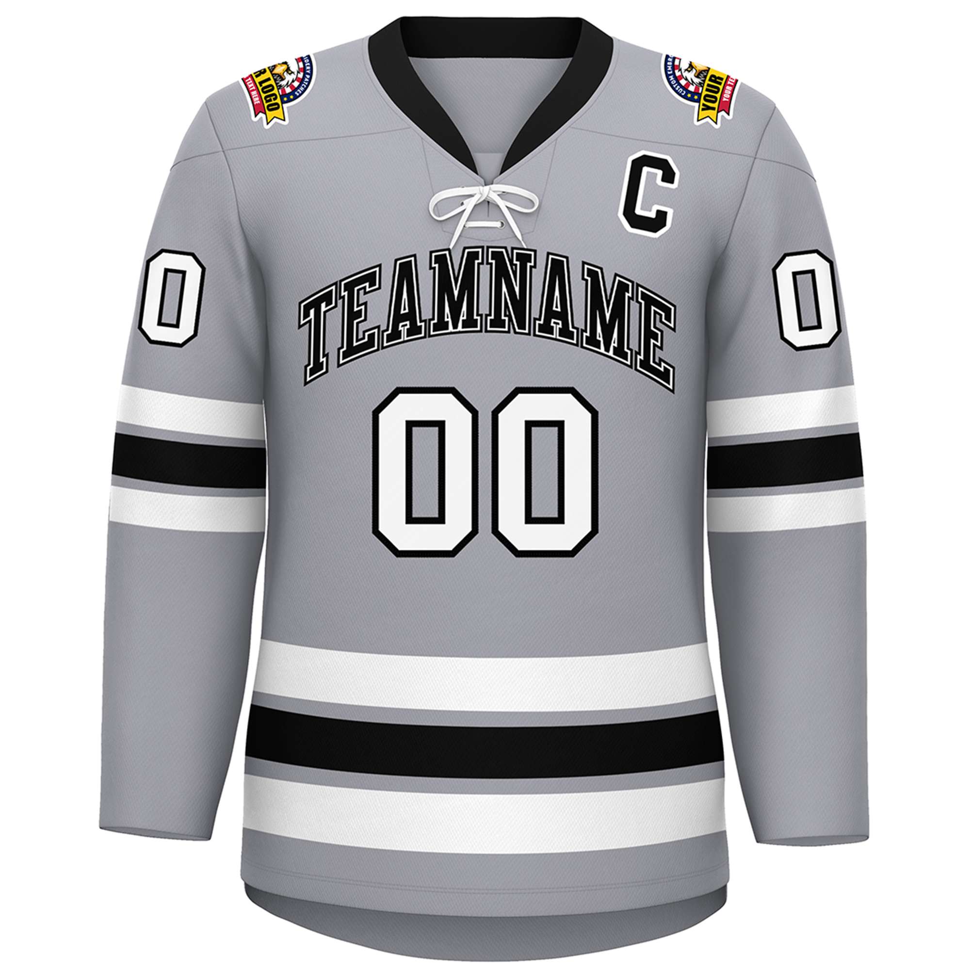 Custom Gray Black-White Lace-Up Neck Hockey Jersey