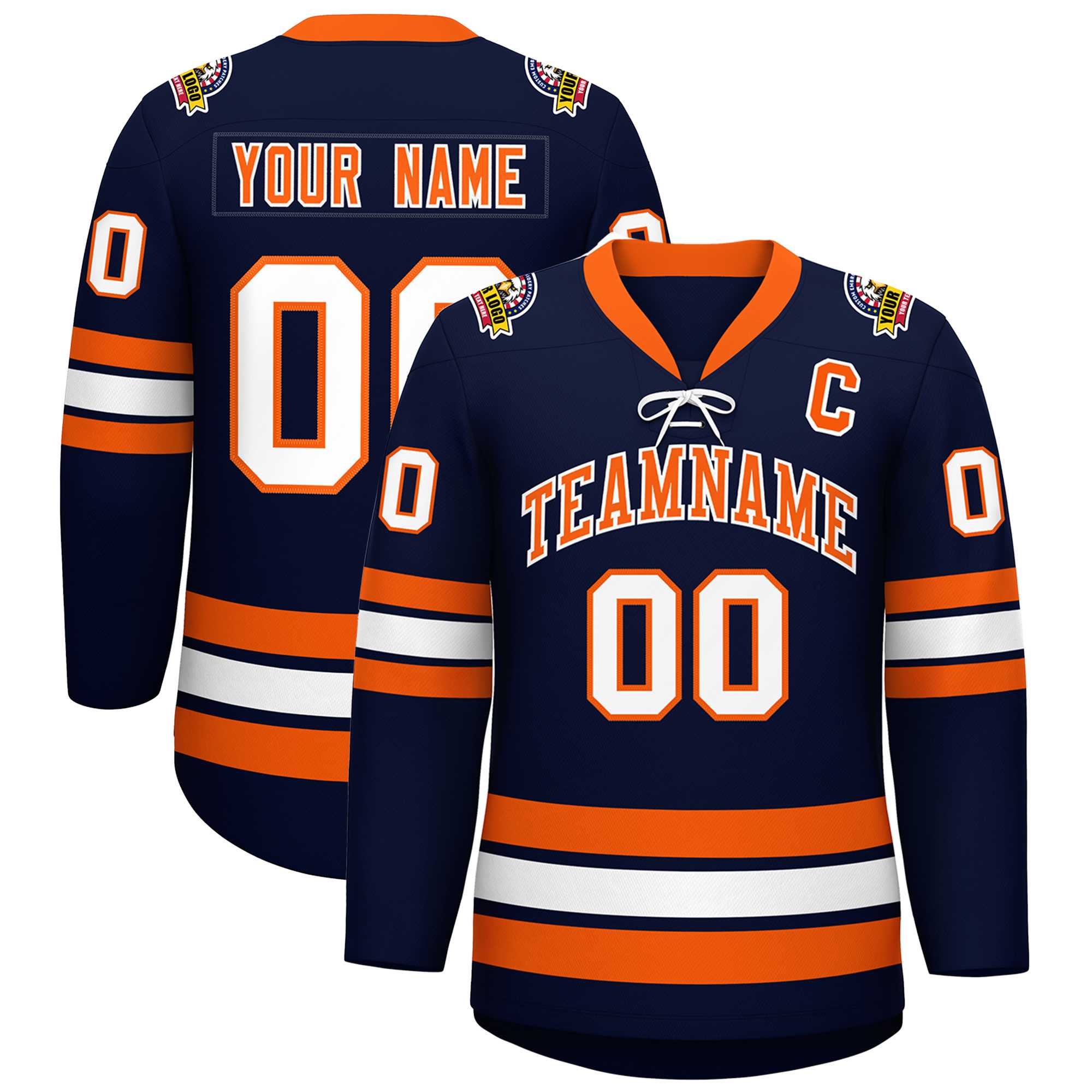 Custom Navy Orange-White Lace-Up Neck Hockey Jersey