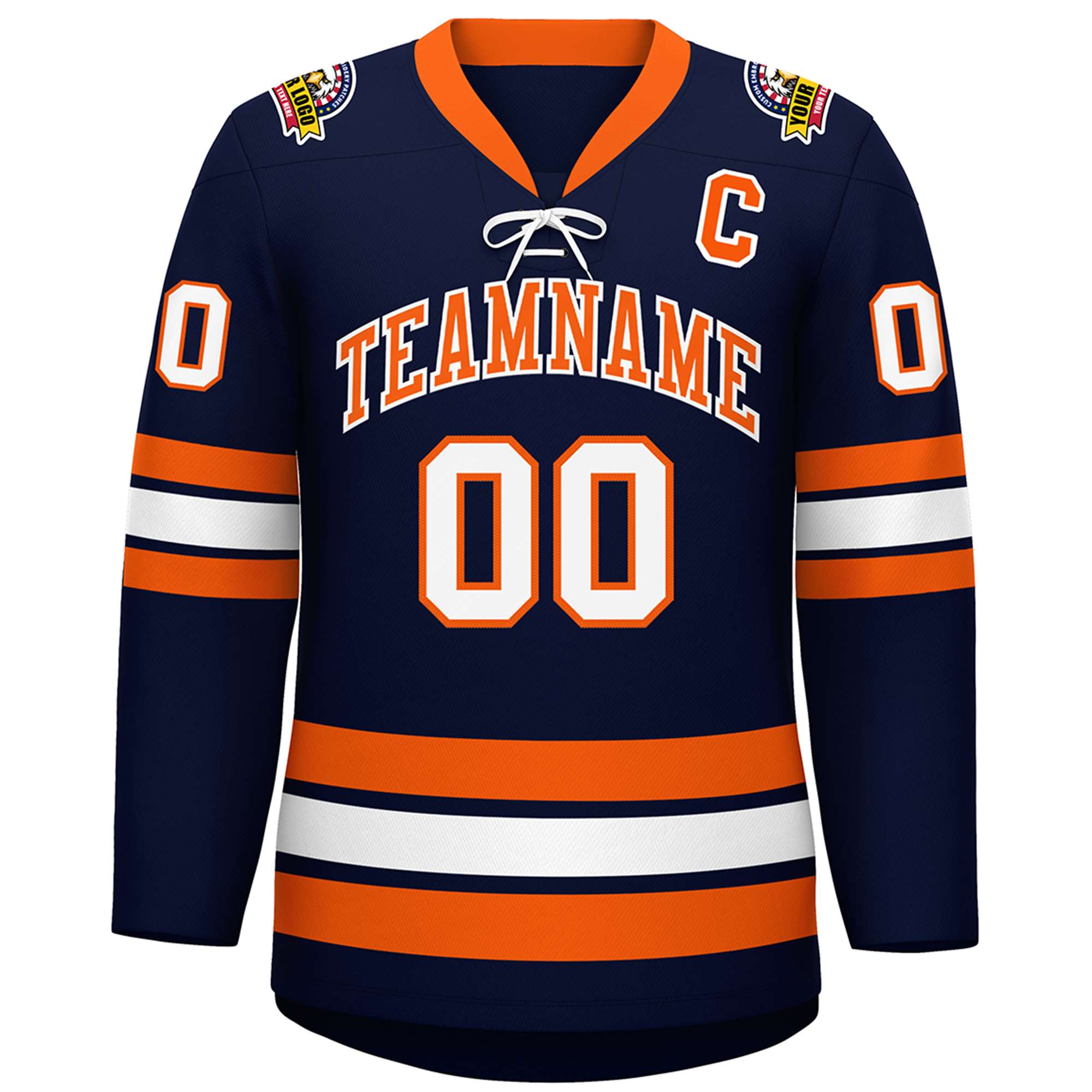 Custom Navy Orange-White Lace-Up Neck Hockey Jersey