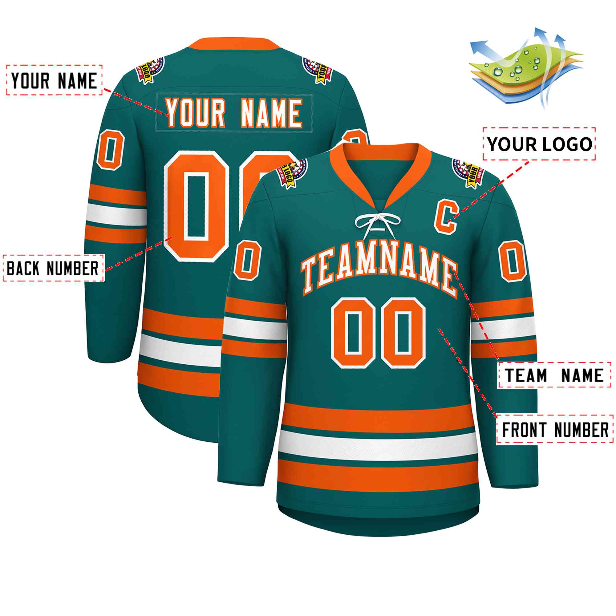 Custom Aqua White-Orange Lace-Up Neck Hockey Jersey