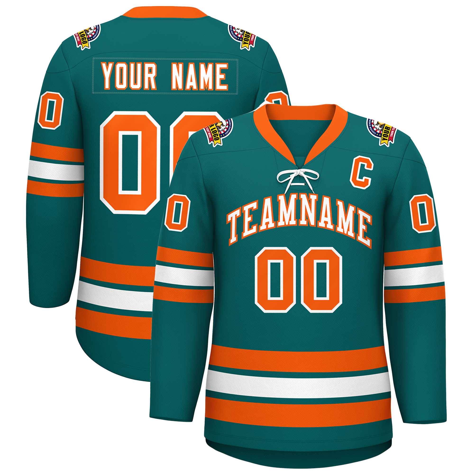 Custom Aqua White-Orange Lace-Up Neck Hockey Jersey