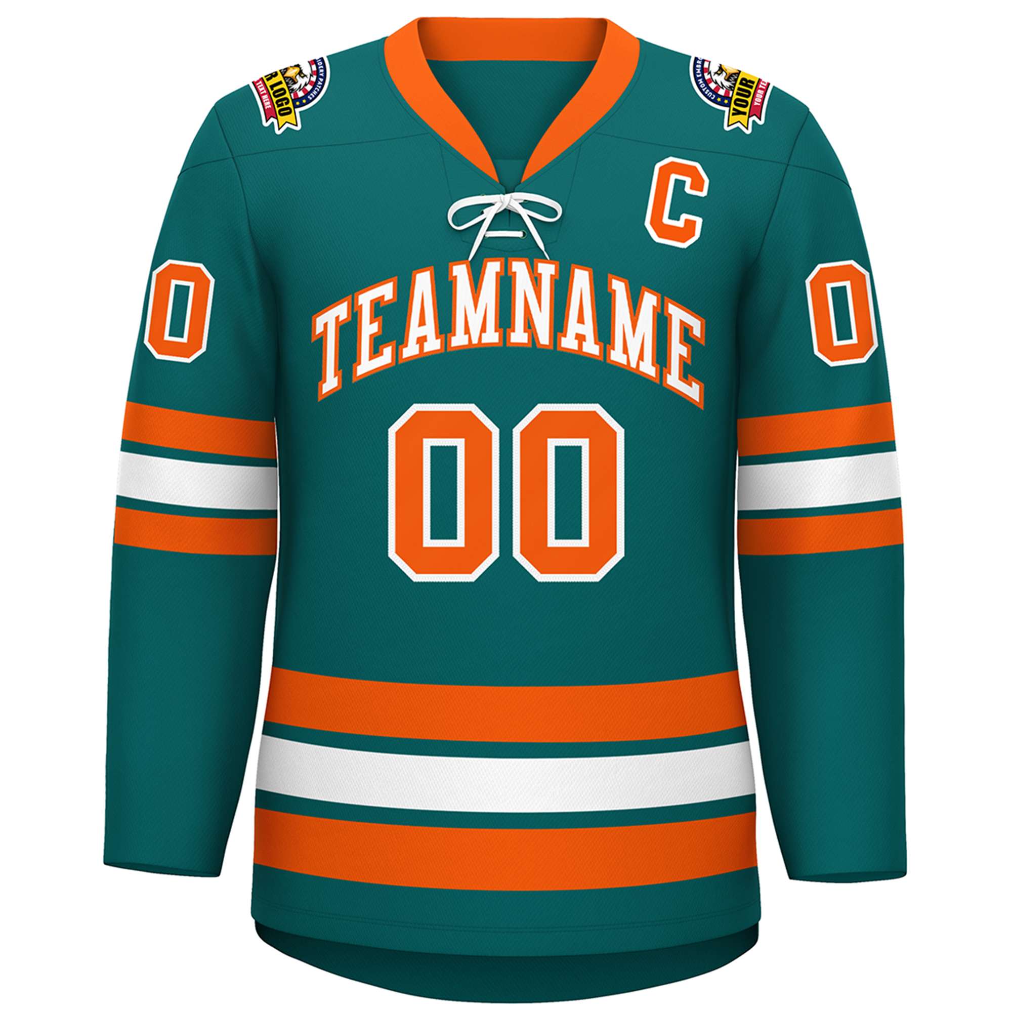 Custom Aqua White-Orange Lace-Up Neck Hockey Jersey