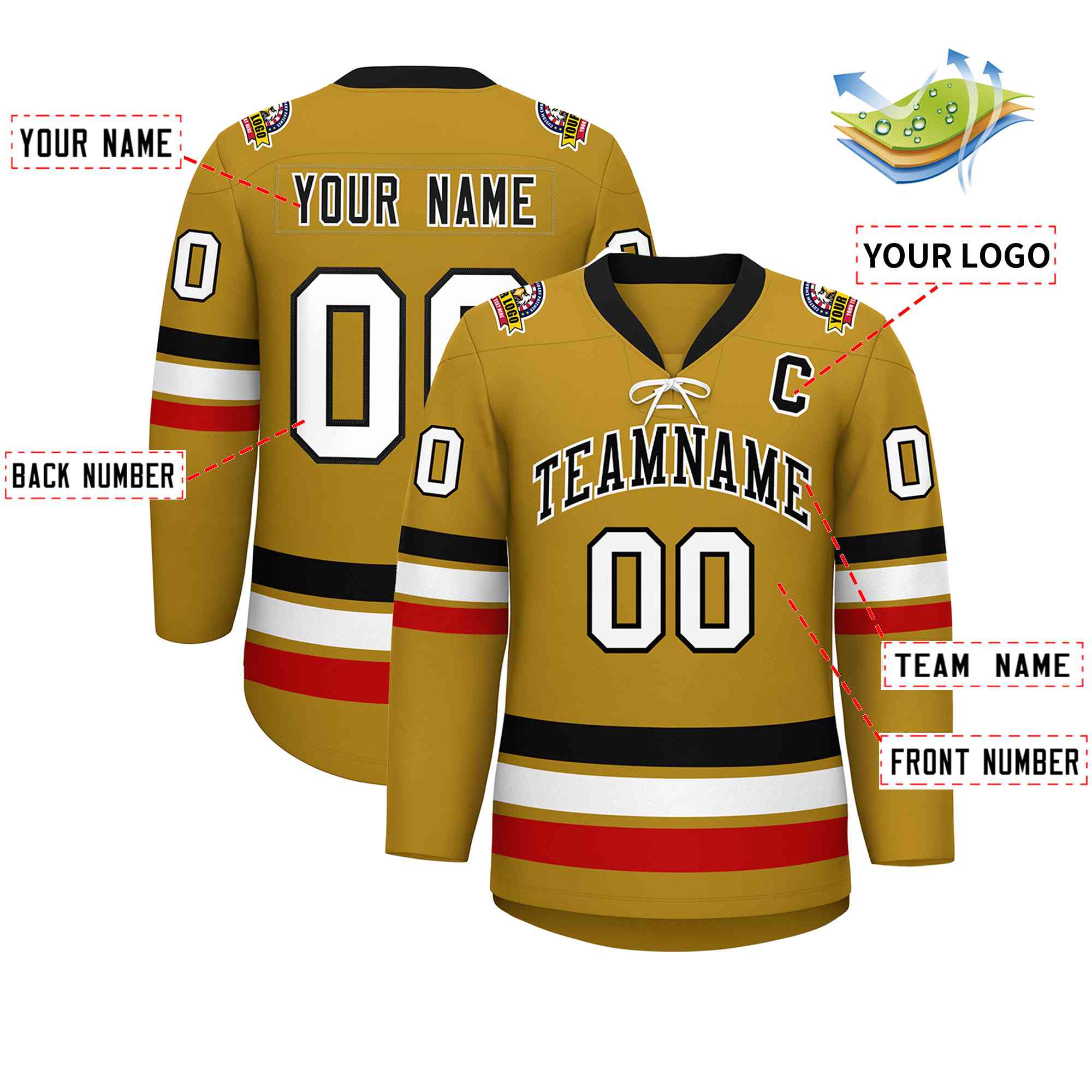 Custom Old Gold Black-White Lace-Up Neck Hockey Jersey