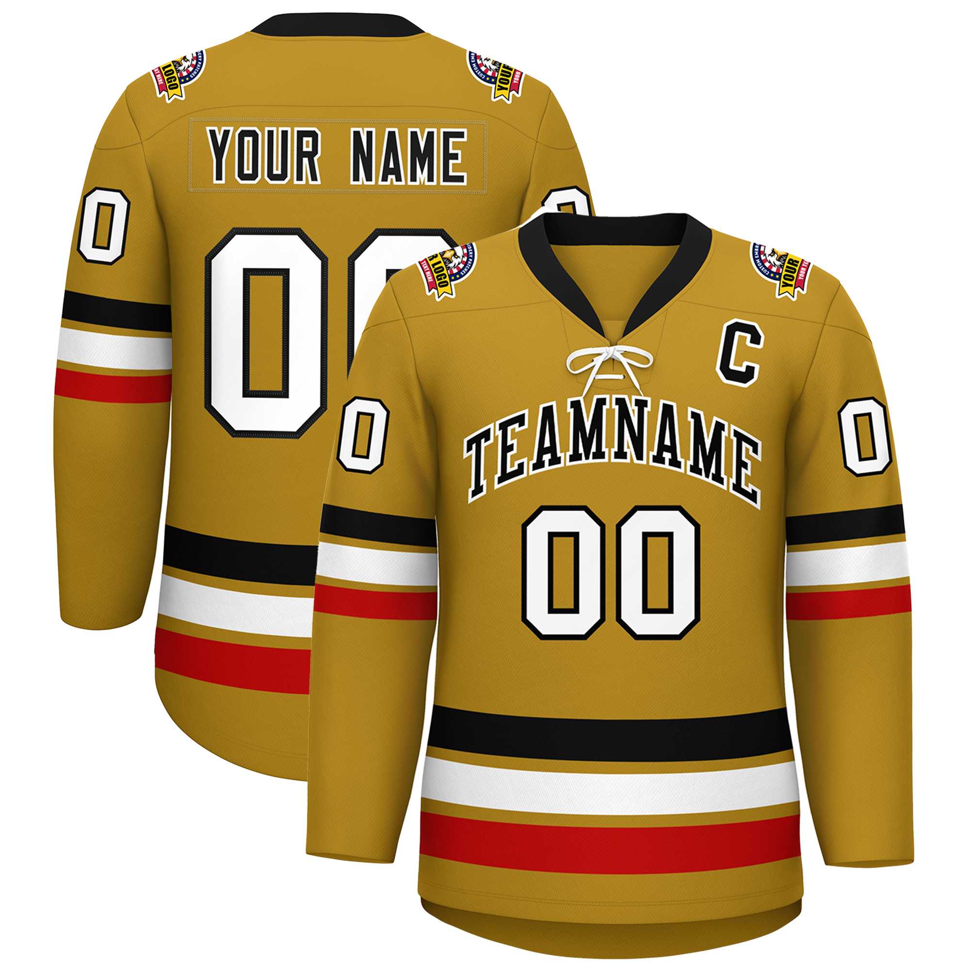 Custom Old Gold Black-White Lace-Up Neck Hockey Jersey