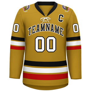 Custom Old Gold Black-White Lace-Up Neck Hockey Jersey