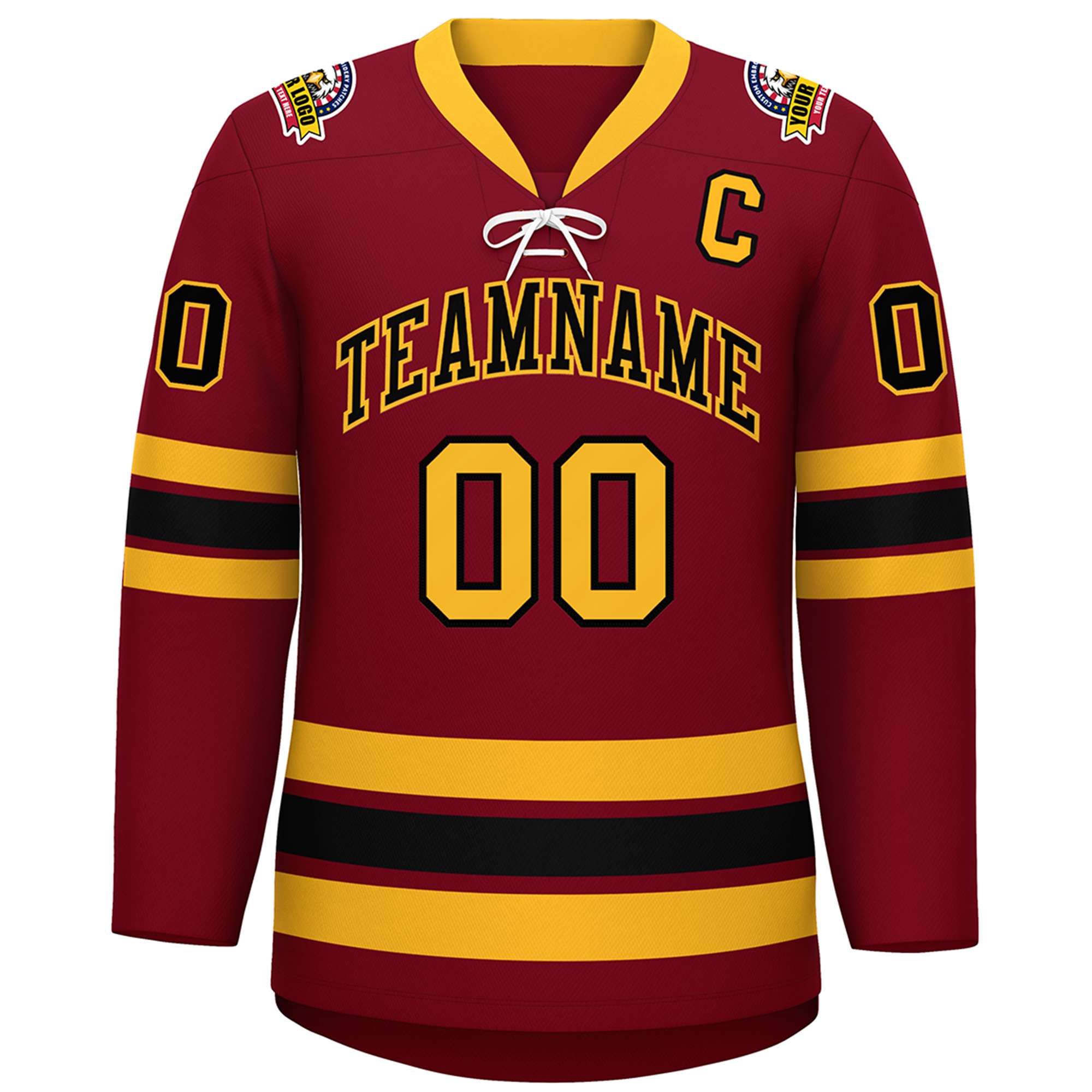 Custom Crimson Black-Yellow Lace-Up Neck Hockey Jersey