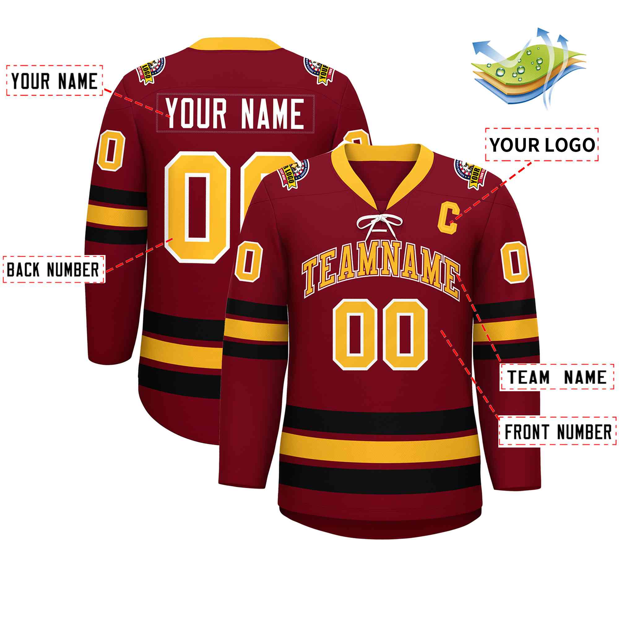 Custom Crimson Yellow-Black Lace-Up Neck Hockey Jersey