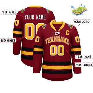 Custom Crimson Yellow-Black Lace-Up Neck Hockey Jersey